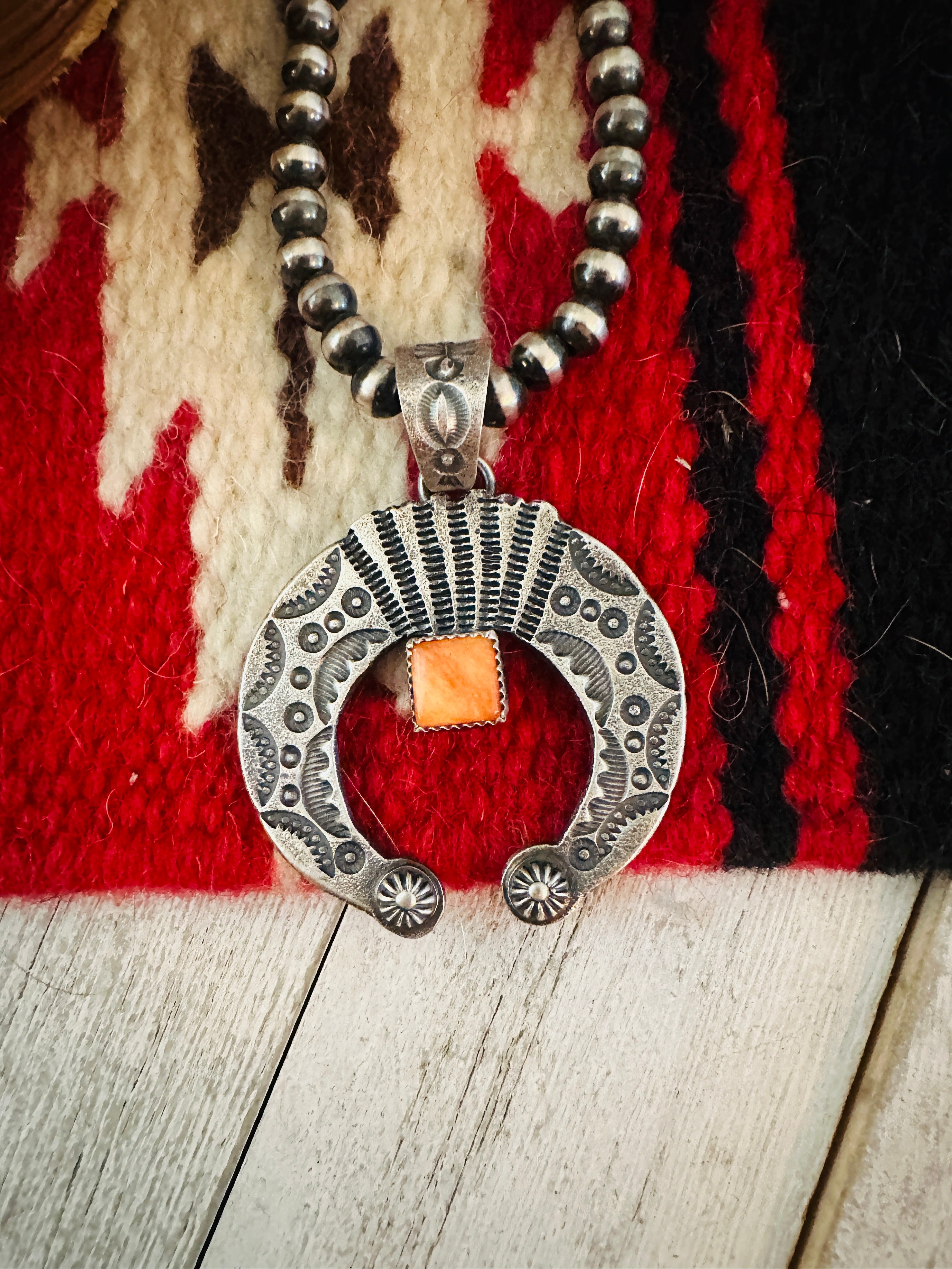 Navajo Sterling Silver & Orange Spiny Naja Pendant by Kevin Billah