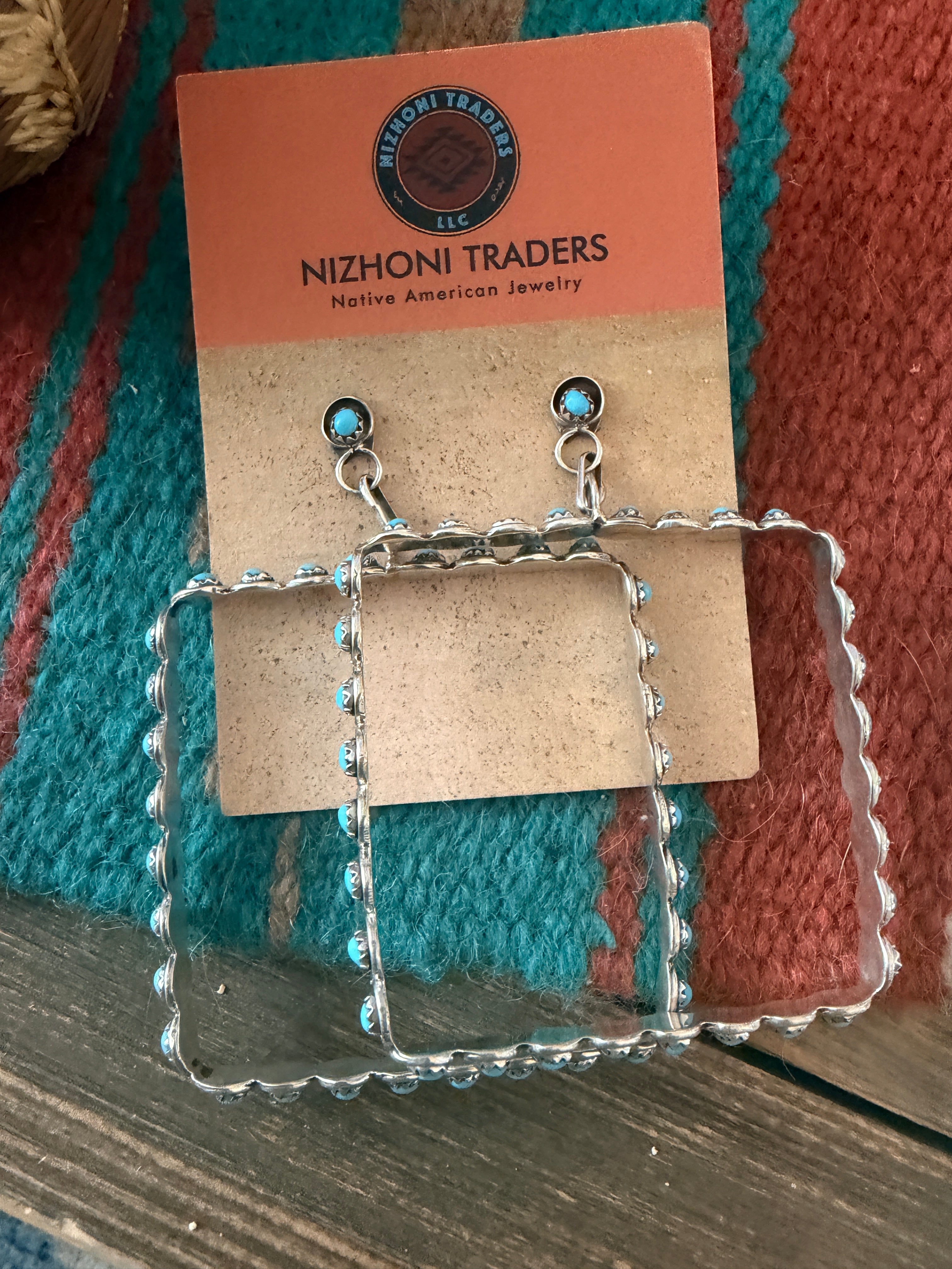 Handcrafted Turquoise & Sterling Silver Snake Eye Dangle Hoop Earrings