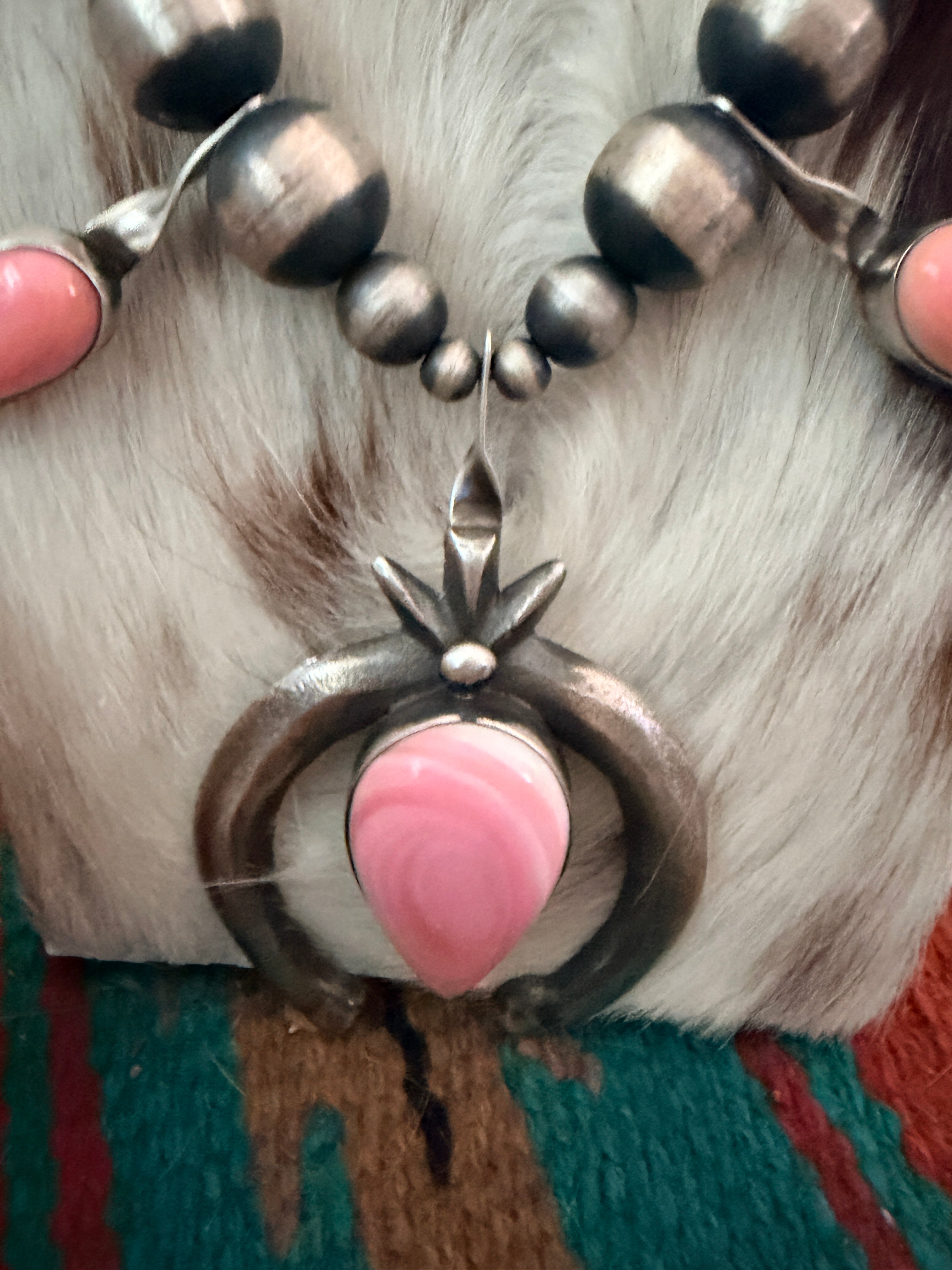 Handcrafted Sterling Silver & Queen Pink Conch Squash Blossom Necklace by Chimney Butte