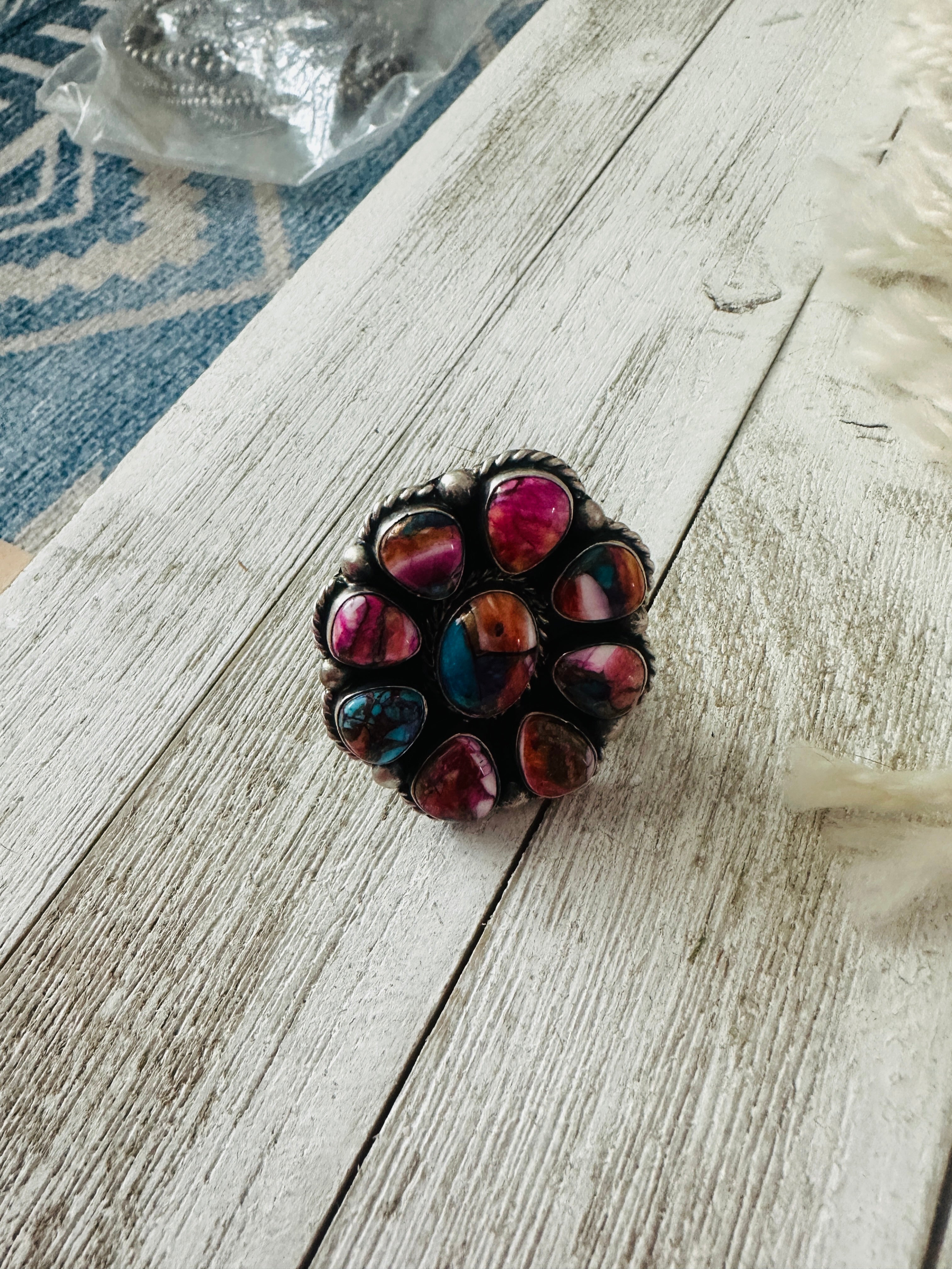 Handcrafted Sterling Silver & Pink Dream Mojave Cluster Adjustable Ring