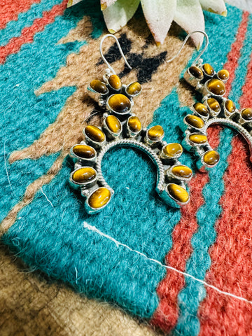 Handmade Tigers Eye & Sterling Silver Naja Style Dangle Earrings Signed Nizhoni