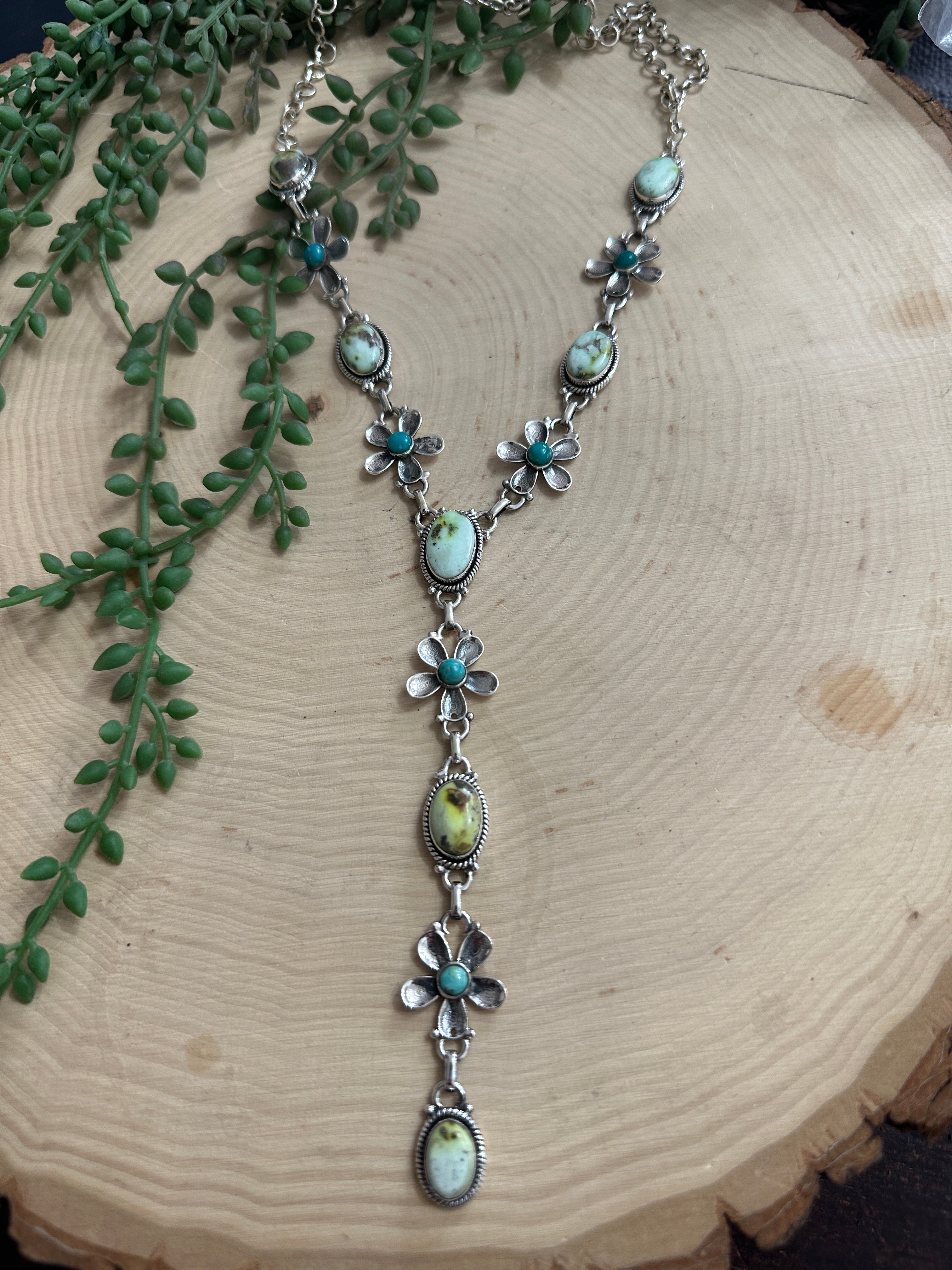 Beautiful Handmade Sterling Silver & Palomino Turquoise Daisy Lariat Necklace