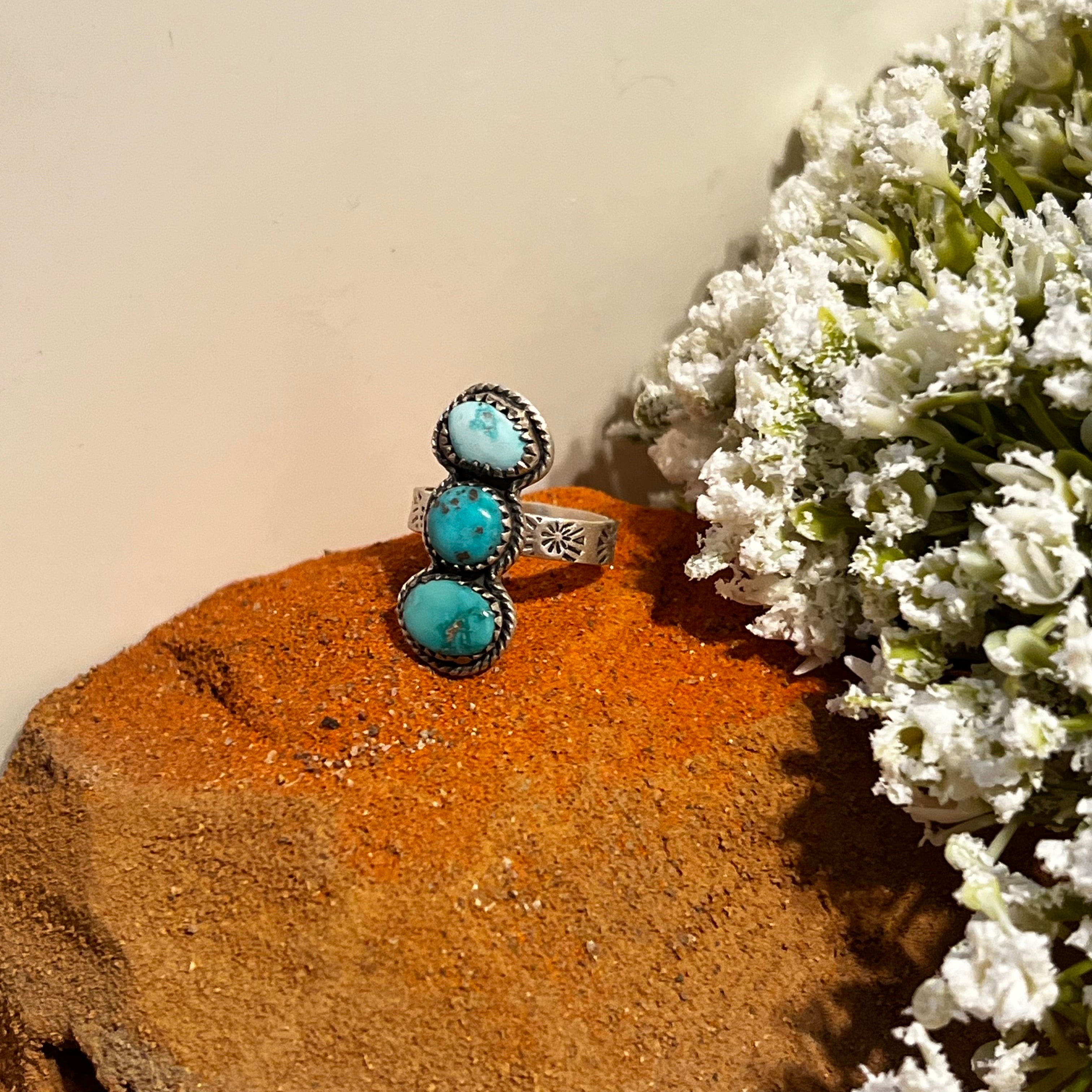 Handmade 3-Stone South Hill, Kingman, & Golden Hills Turquoise Sterling Silver Adjustable Ring