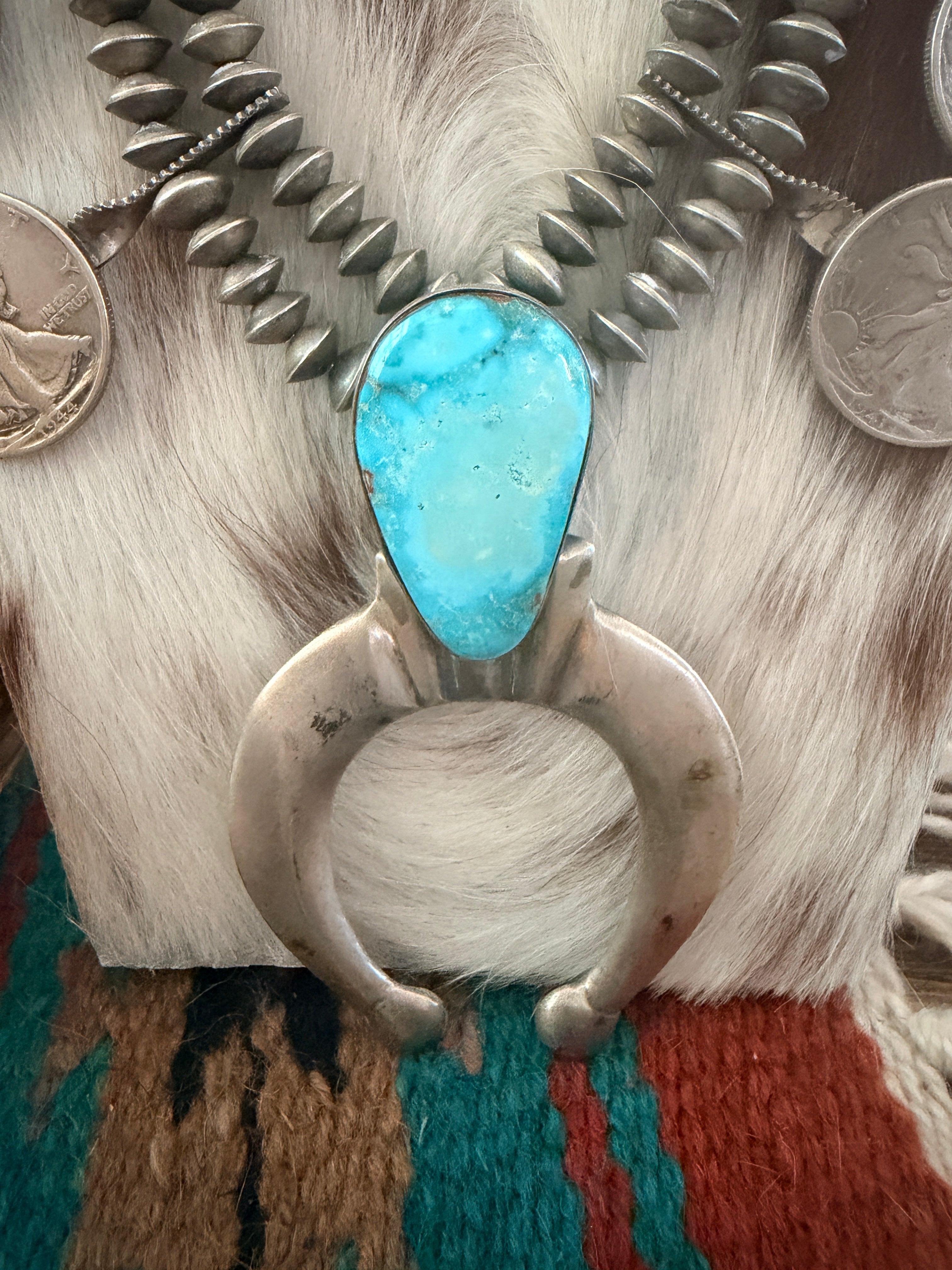 Old Pawn Handcrafted Turquoise & Sterling Silver Liberty Coin Squash Blossom Necklace
