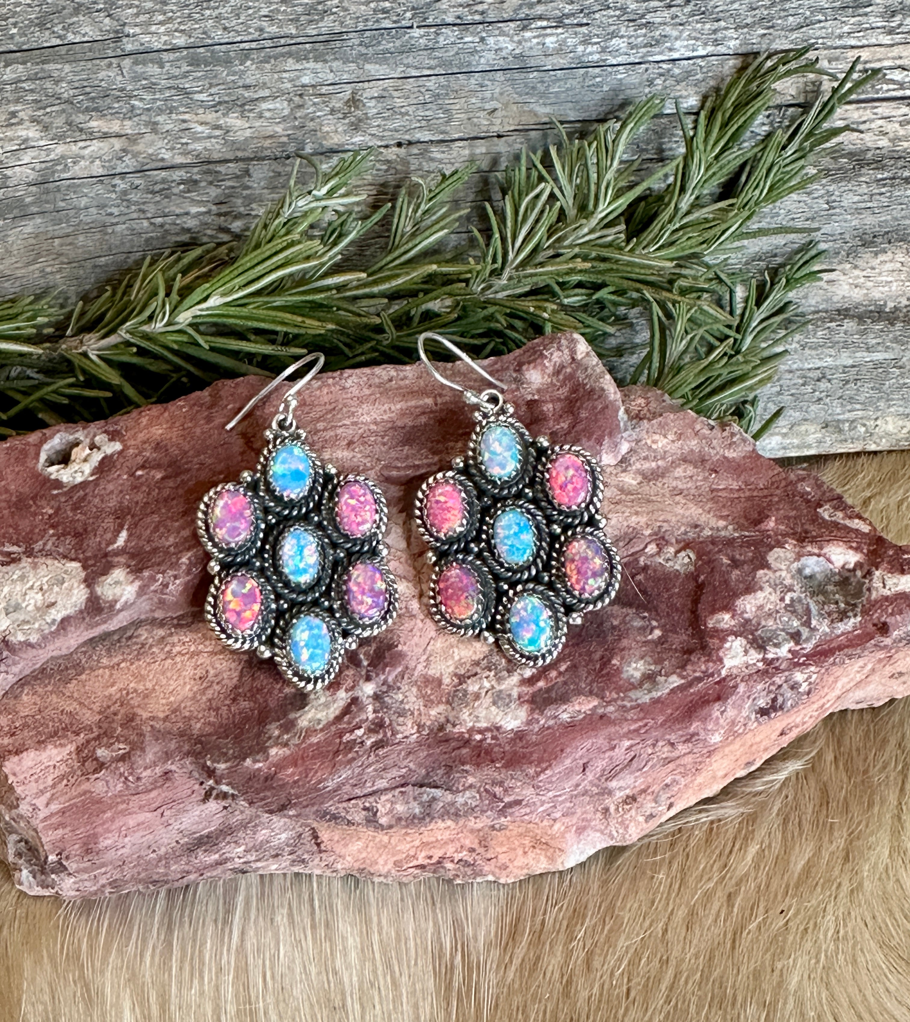 Handmade Pink and Blue Opal Sterling Silver Wire Dangle Earrings