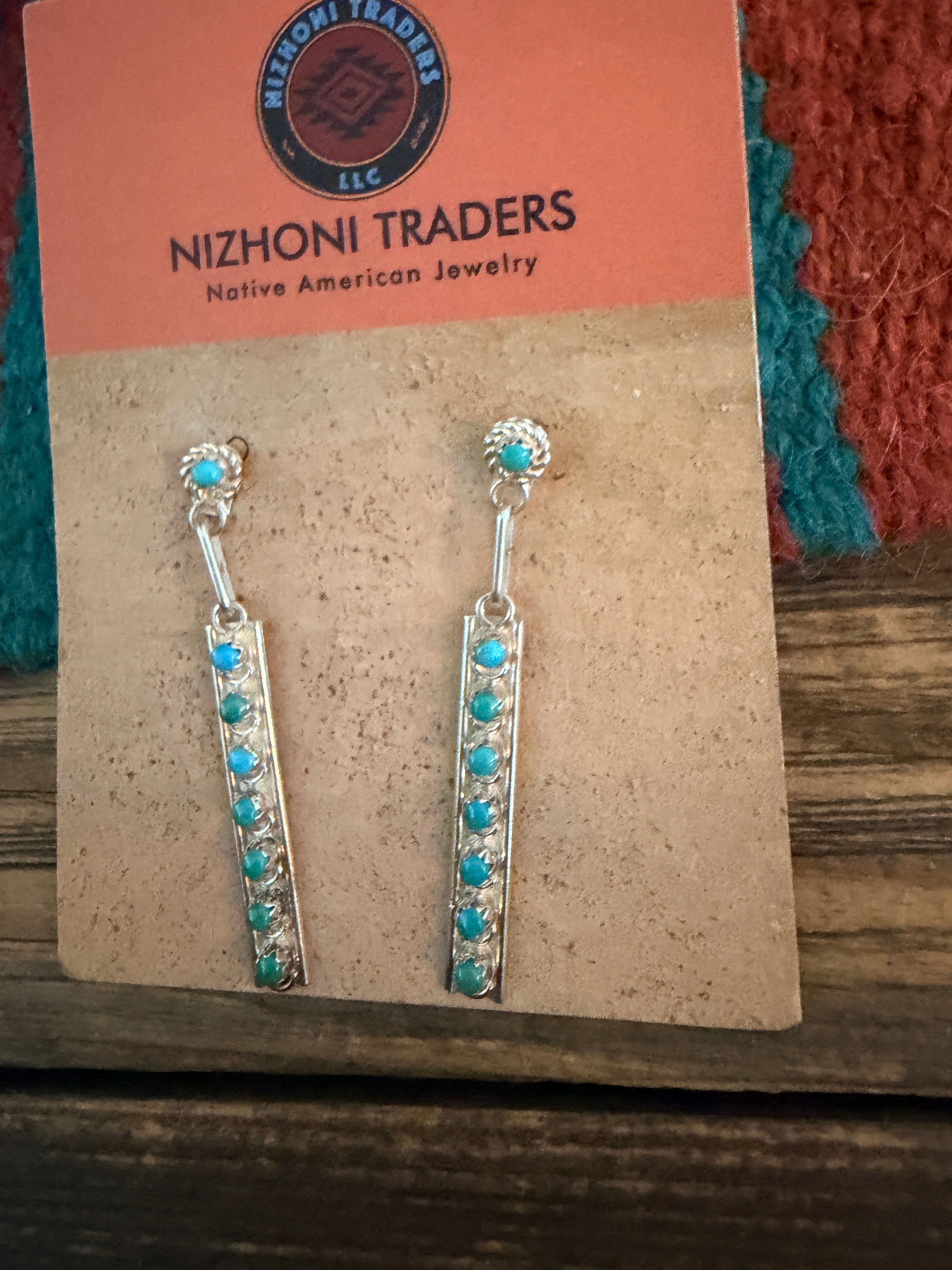 Old Pawn Handcrafted Turquoise & Sterling Silver Petit Point Dangle Earrings