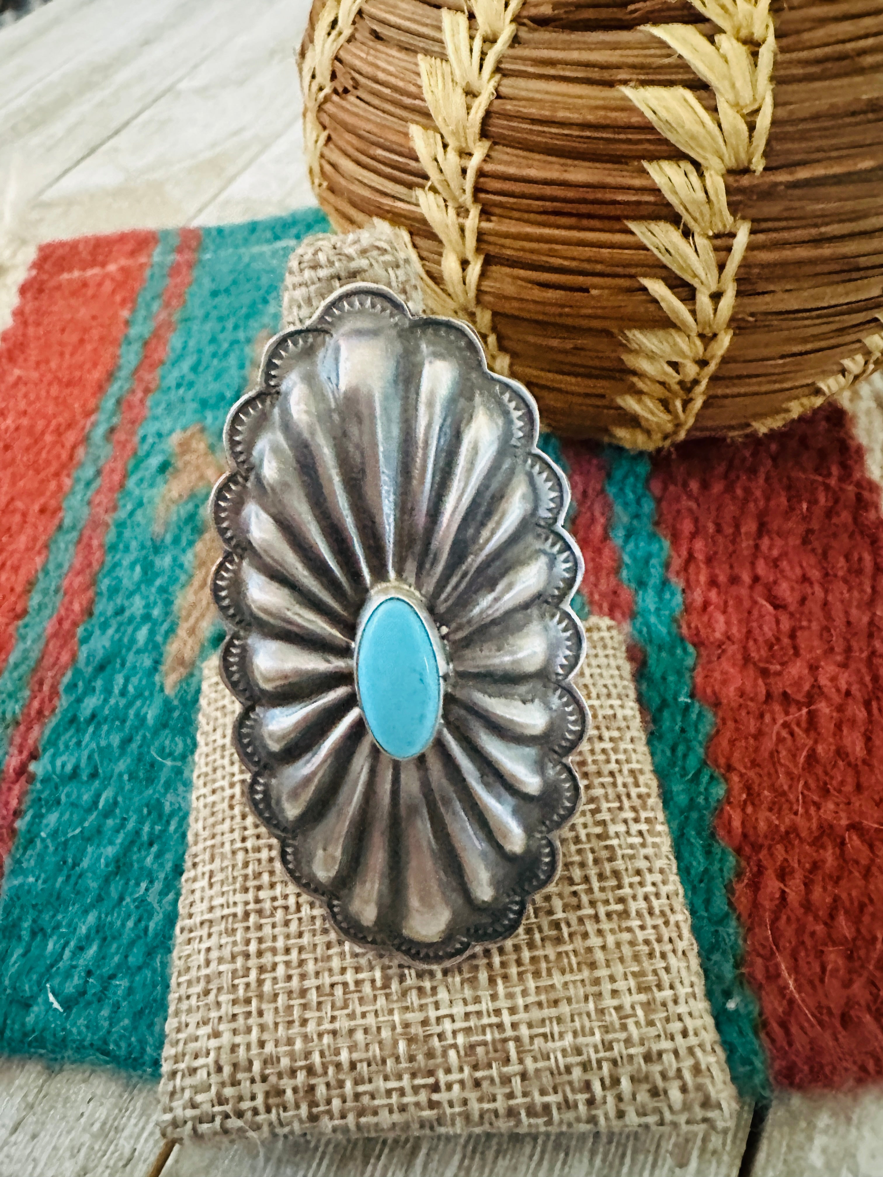 Handcrafted Turquoise & Sterling Silver Concho Ring Size 8.5