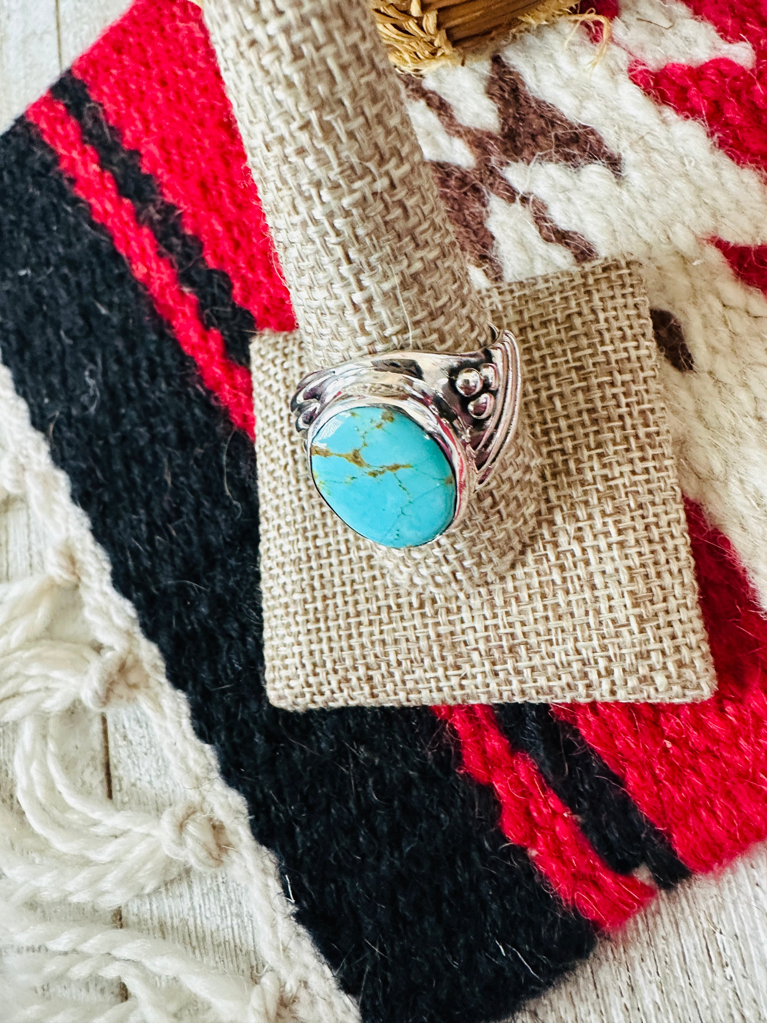 Handcrafted Turquoise & Sterling Silver Cigar Band Ring Size 10.5