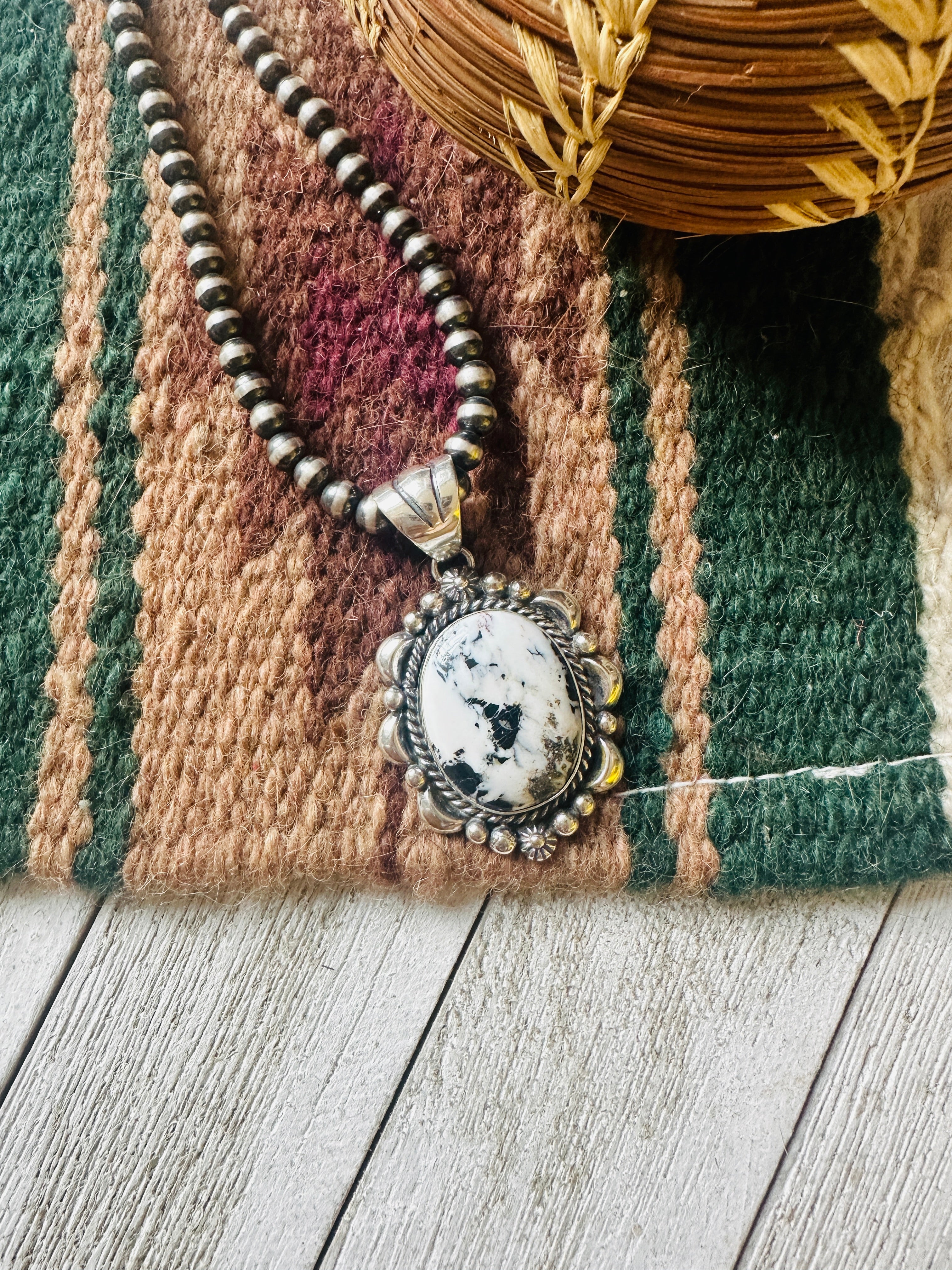 Navajo White Buffalo and Sterling Silver Pendant