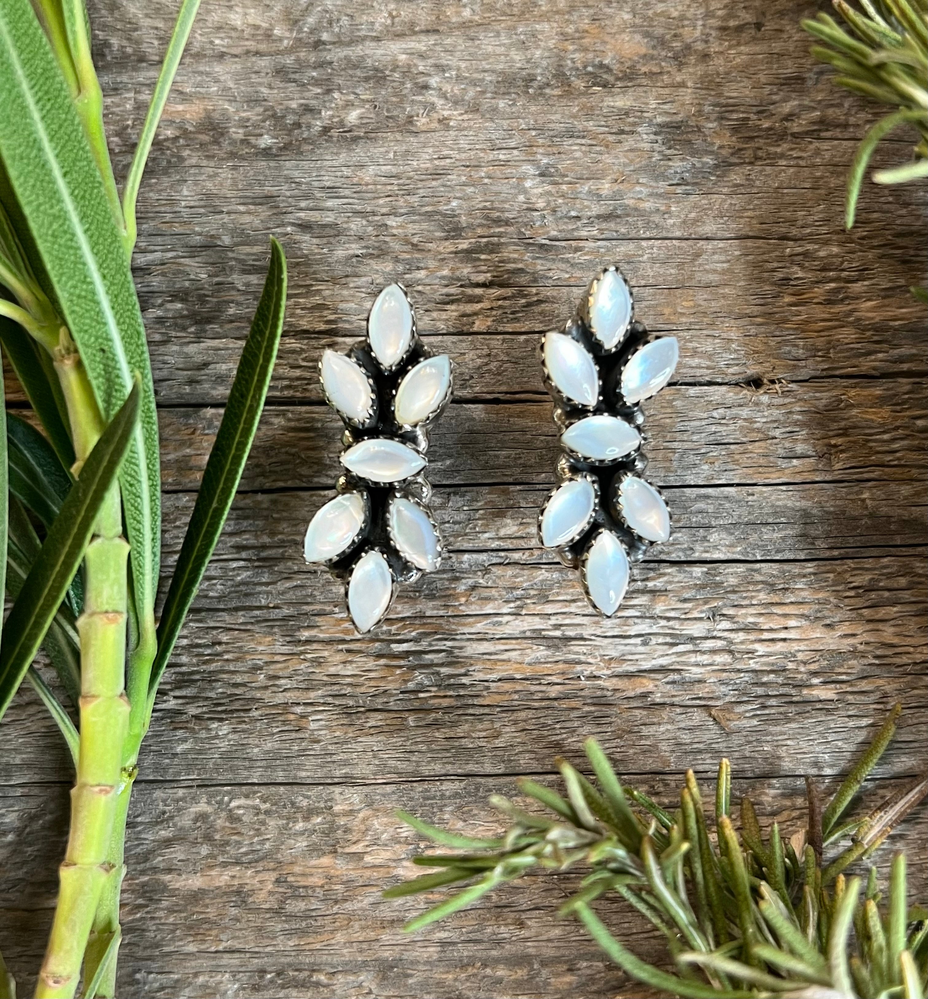 Handmade Mother Of Pearl Cluster Sterling Silver Post Earrings