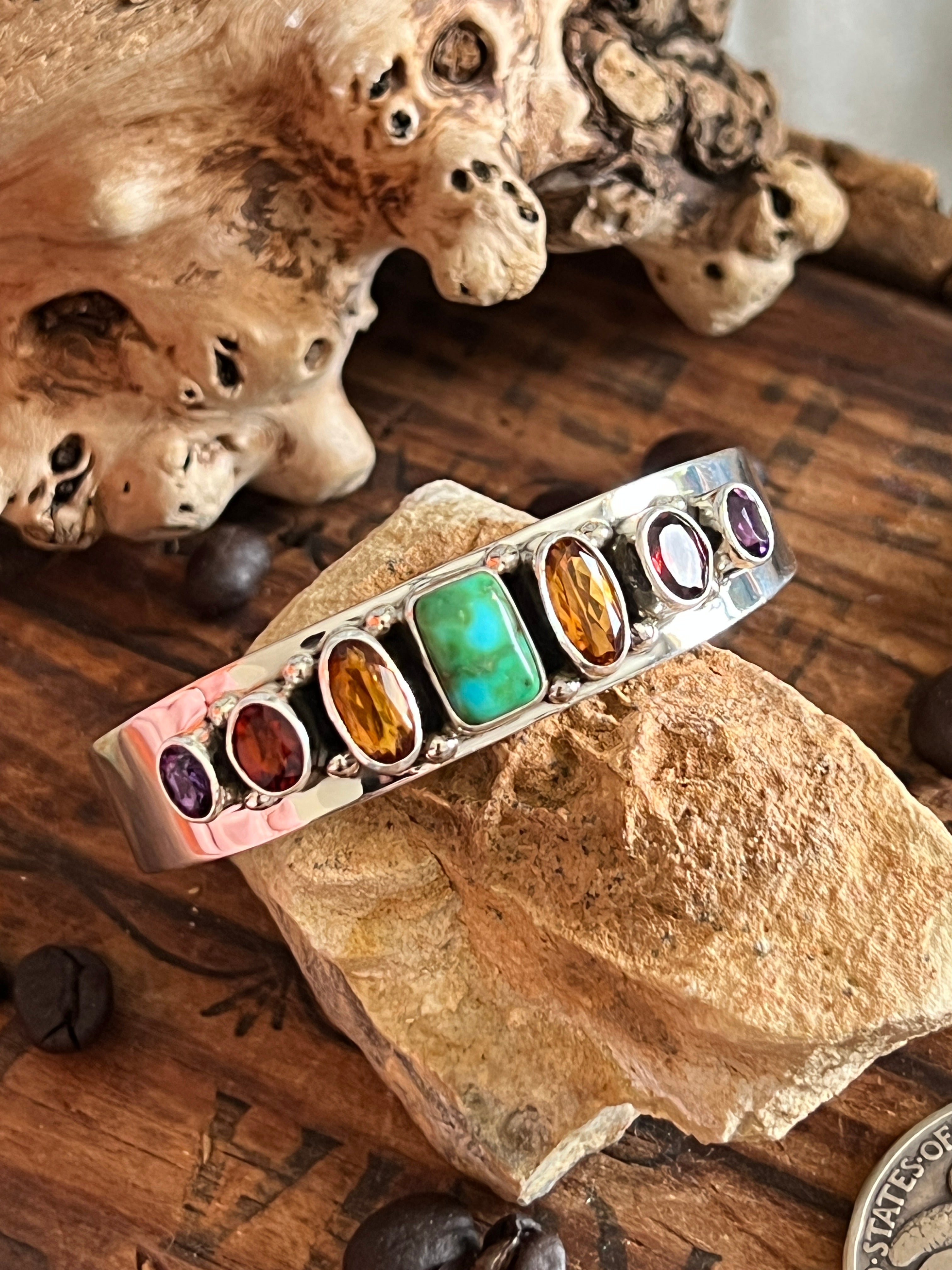 Handcrafted Sterling Silver Gems & Jewels Stacker Cuff Bracelet by Lucy Jake, Wider