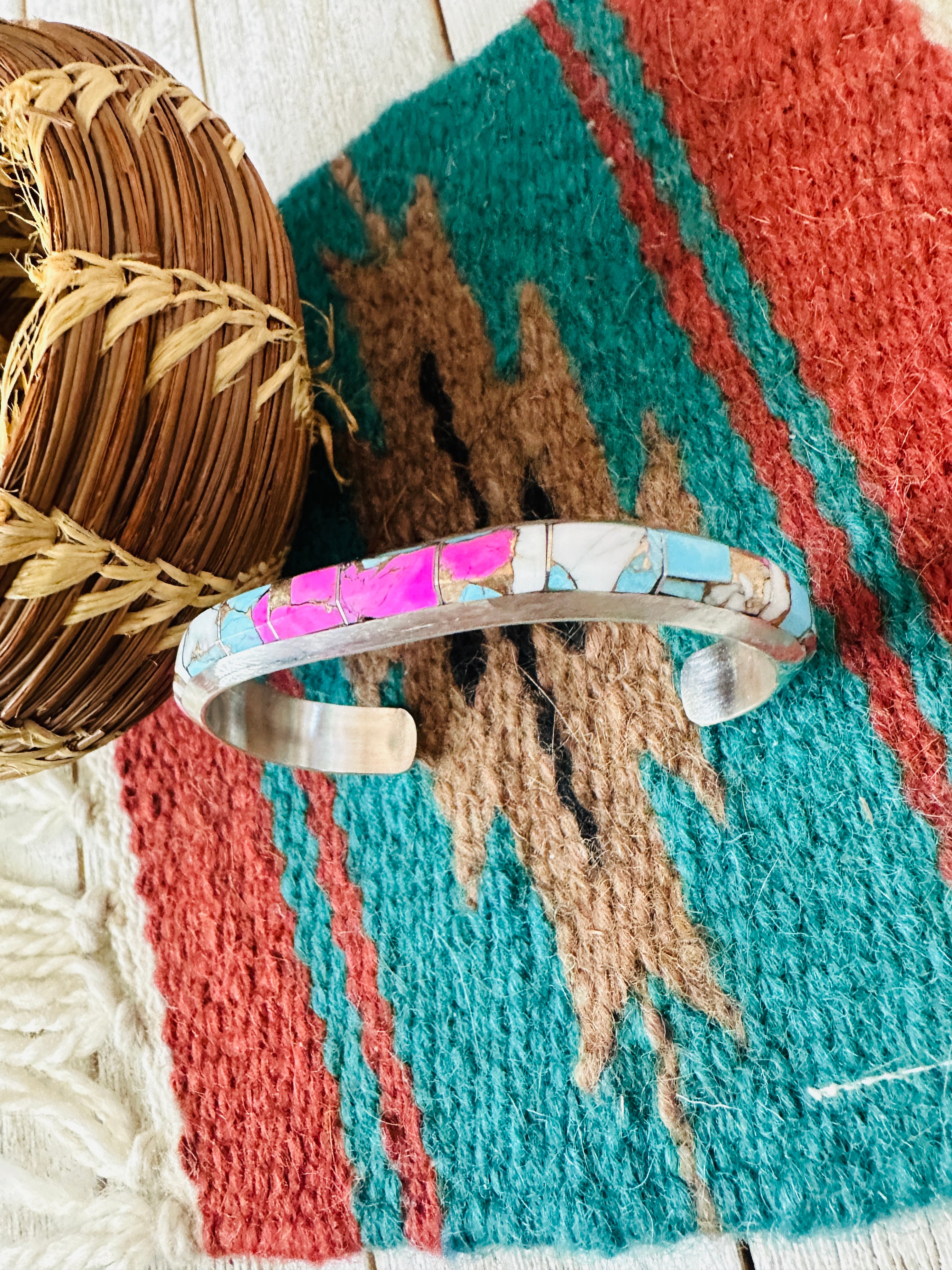 Handcrafted Cotton Candy & Sterling Silver Inlay Cuff Bracelet