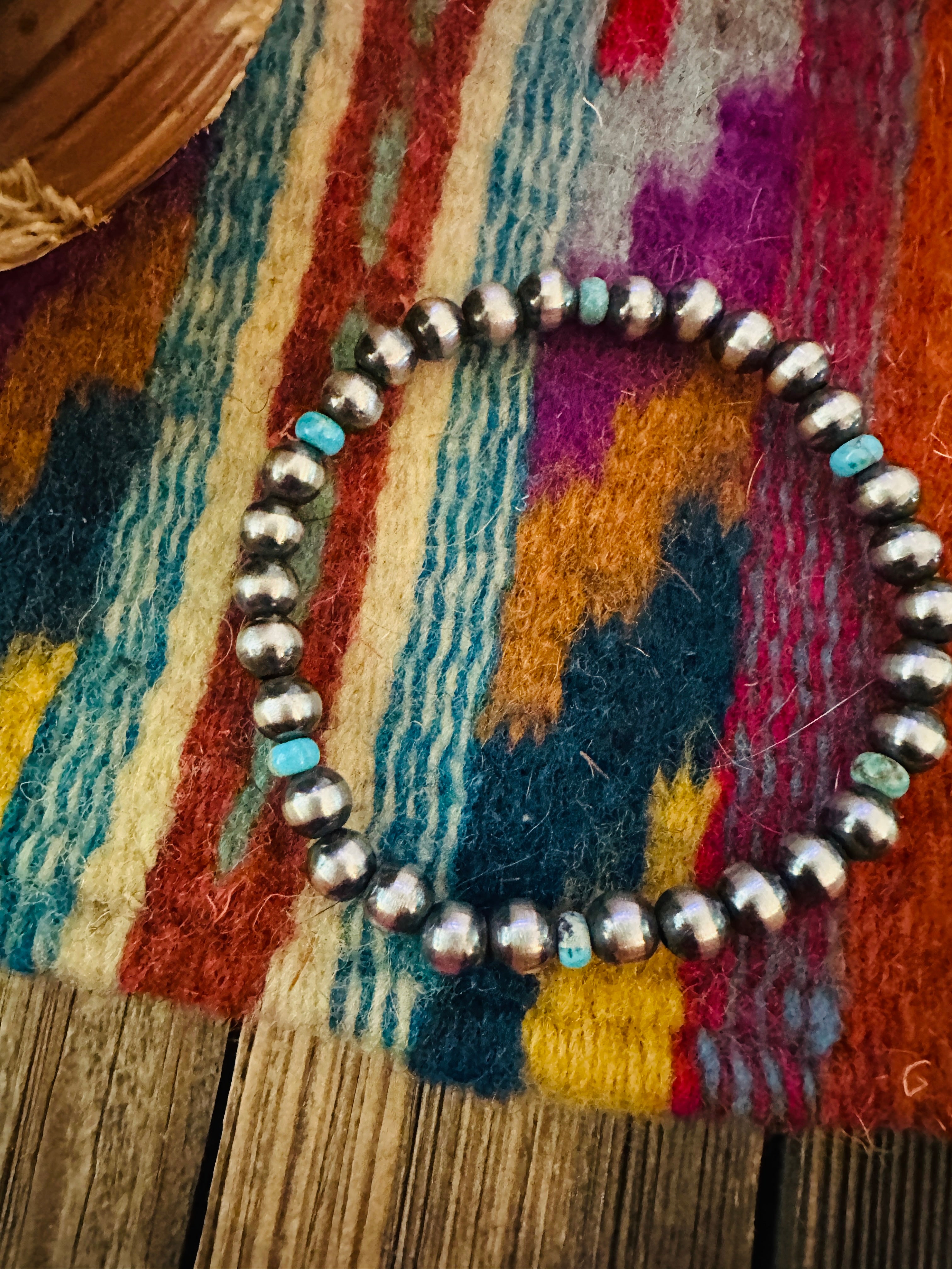 Handcrafted 5mm Sterling Silver Pearl & Turquoise Beaded Stretch Bracelet