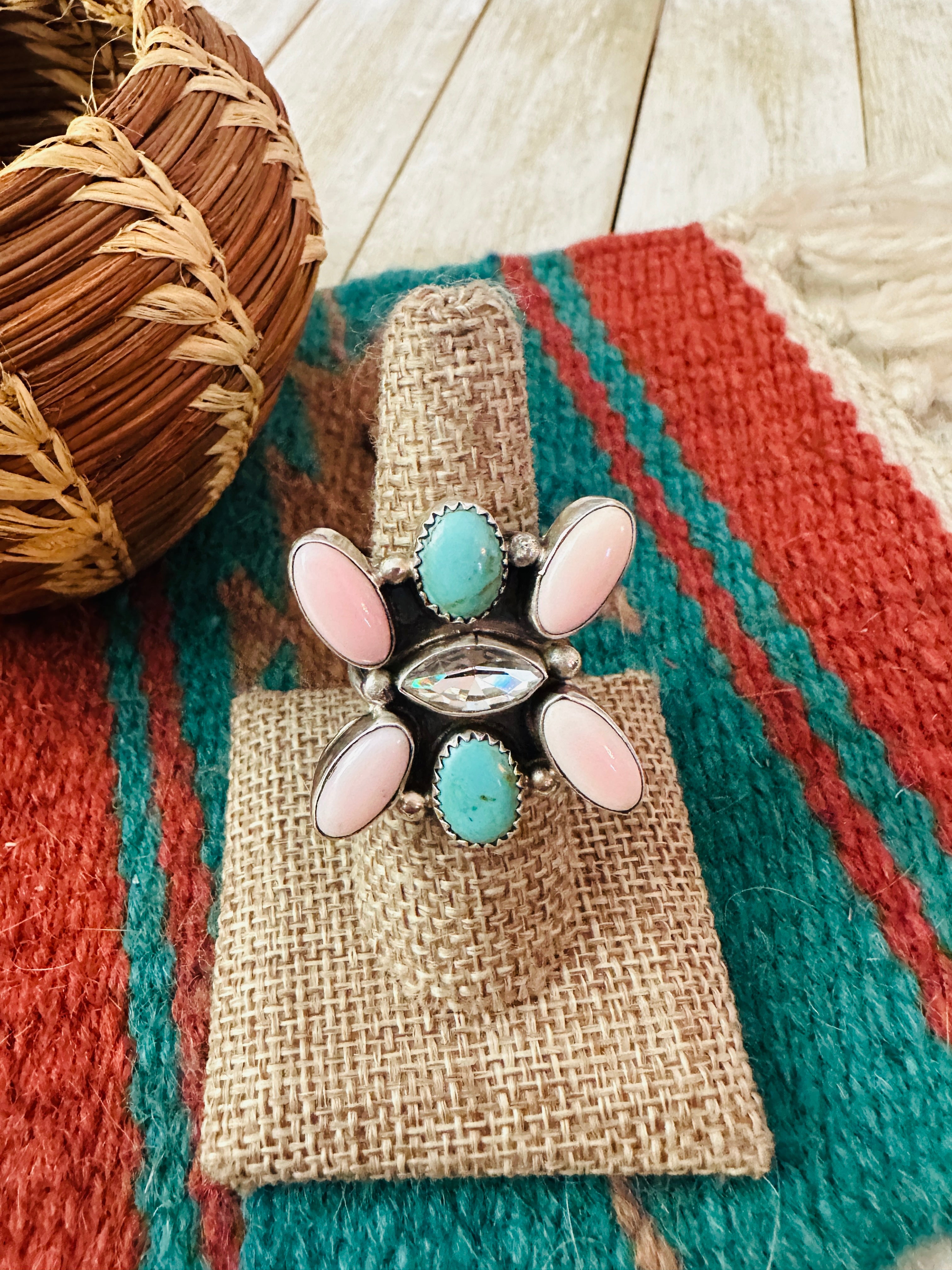 Handcrafted Queen Pink Conch, Turquoise & Sterling Silver Adjustable Ring by Jacqueline Silver