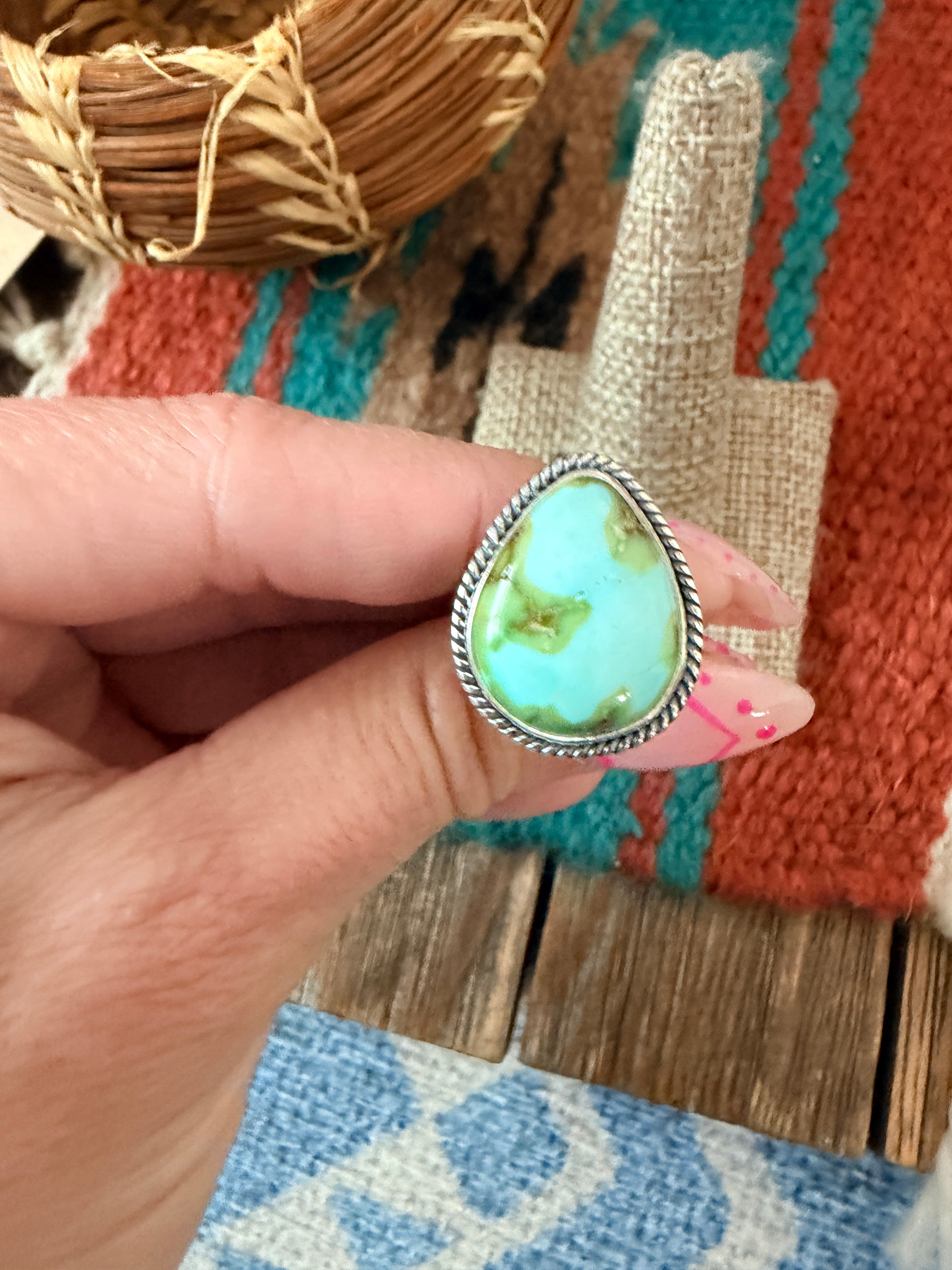 Handcrafted Sonoran Mountain Turquoise & Sterling Silver Ring Size 8.75