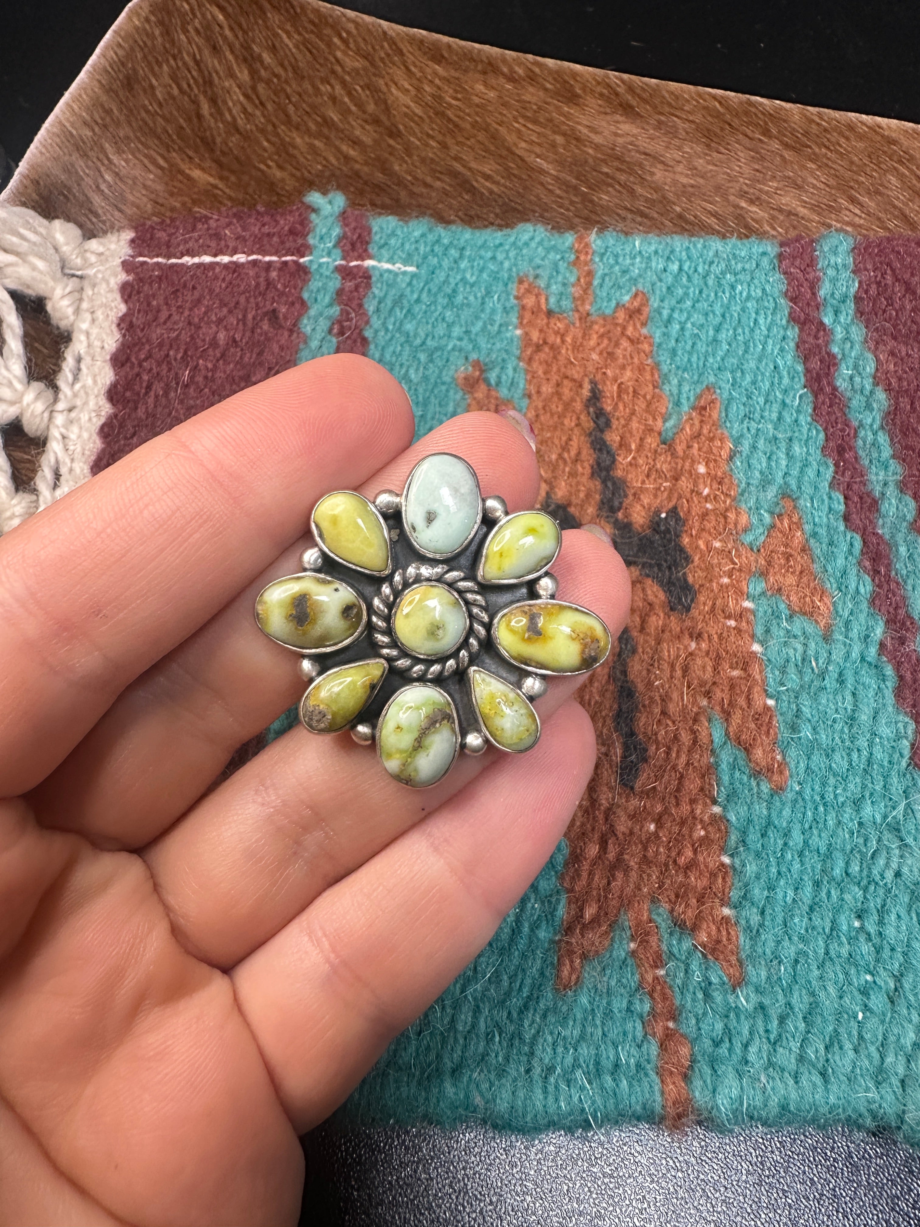 Nizhoni Handmade Palomino Turquoise Sterling Silver Flower Cluster Ring