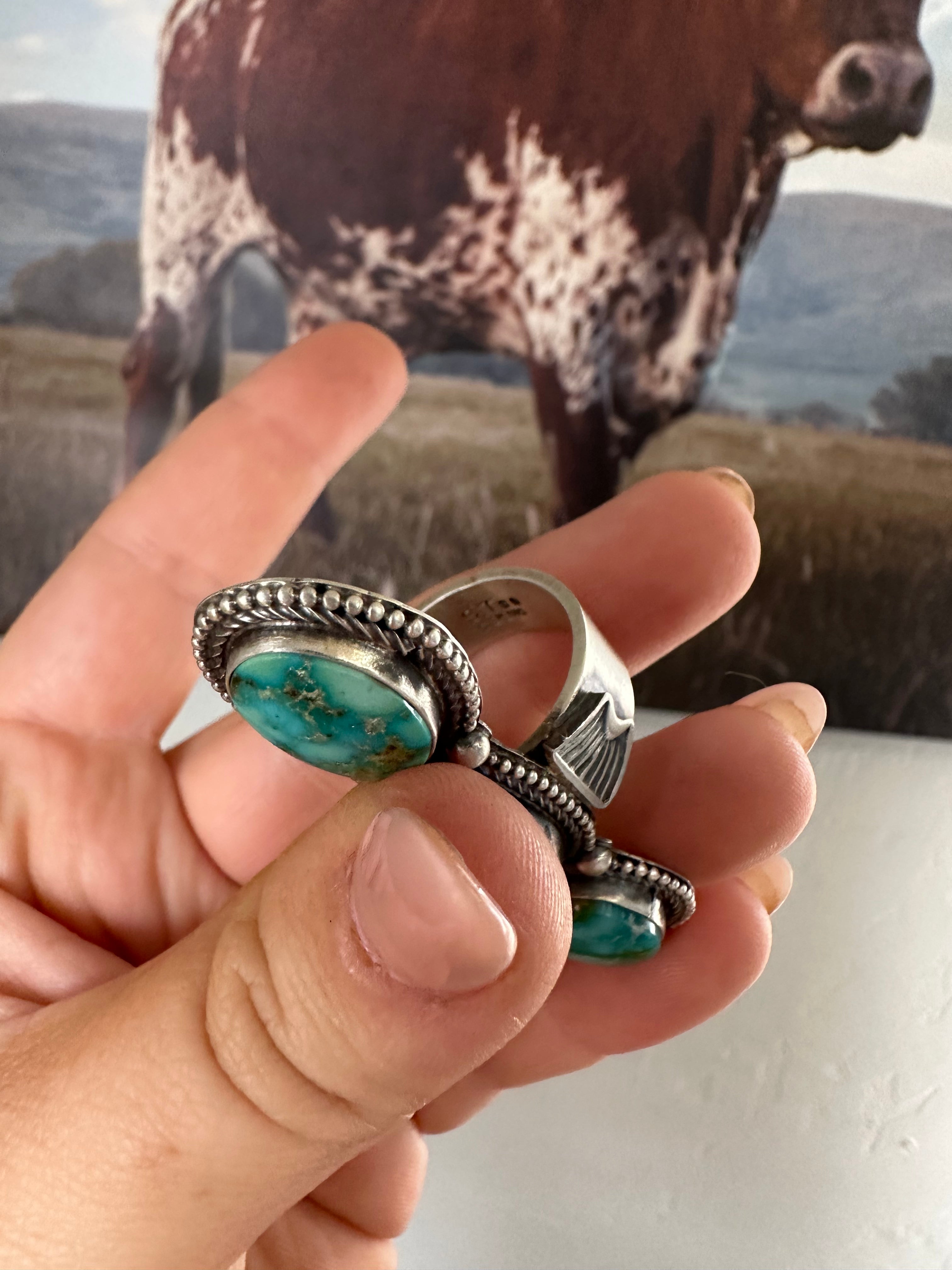 Navajo Sonoran Gold Turquoise & Sterling Silver 3 Stone Ring Size 8.5 Signed