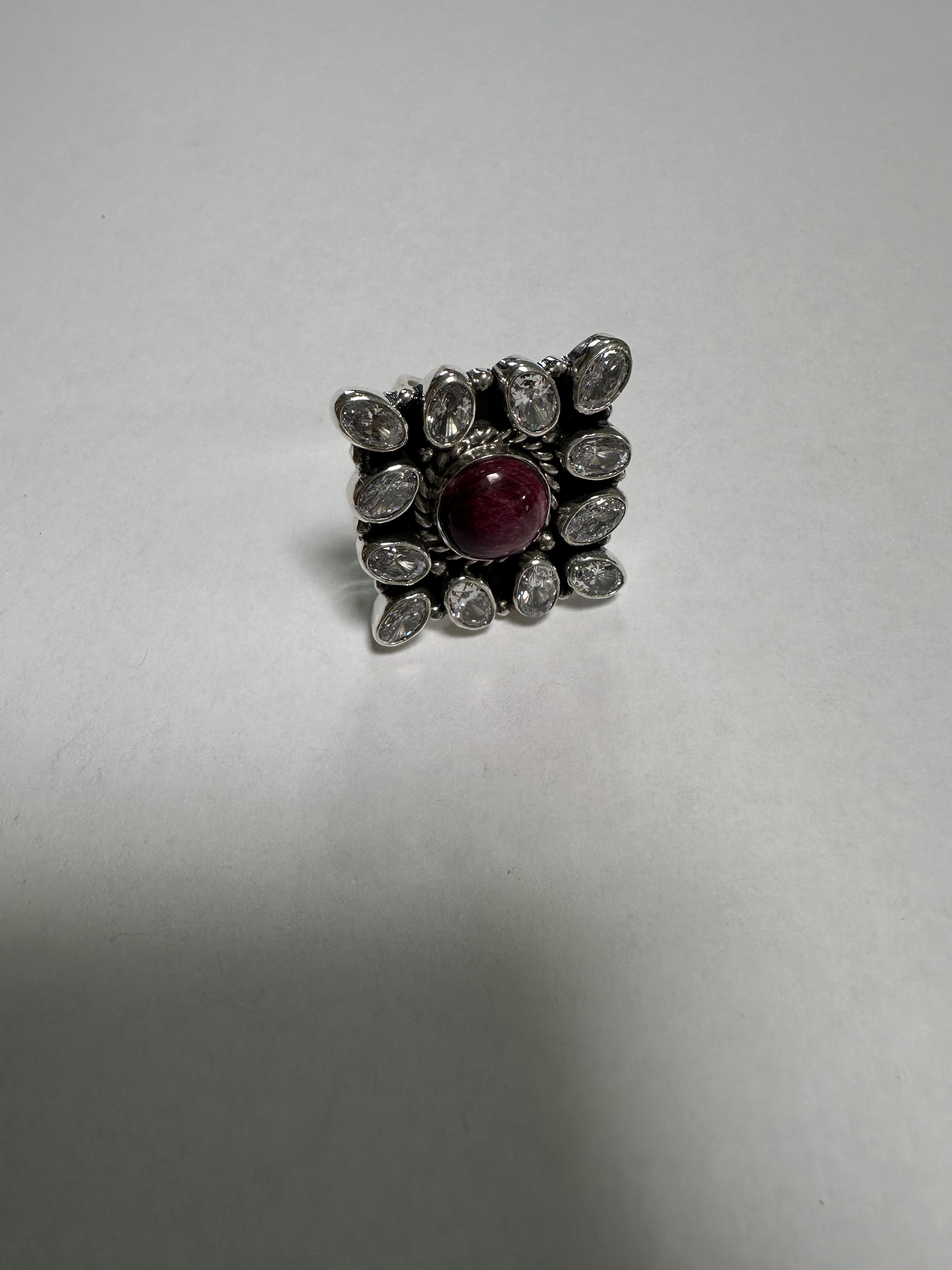 Handmade Sterling Silver, Cz & Purple Spiny Adjustable Ring Signed Nizhoni