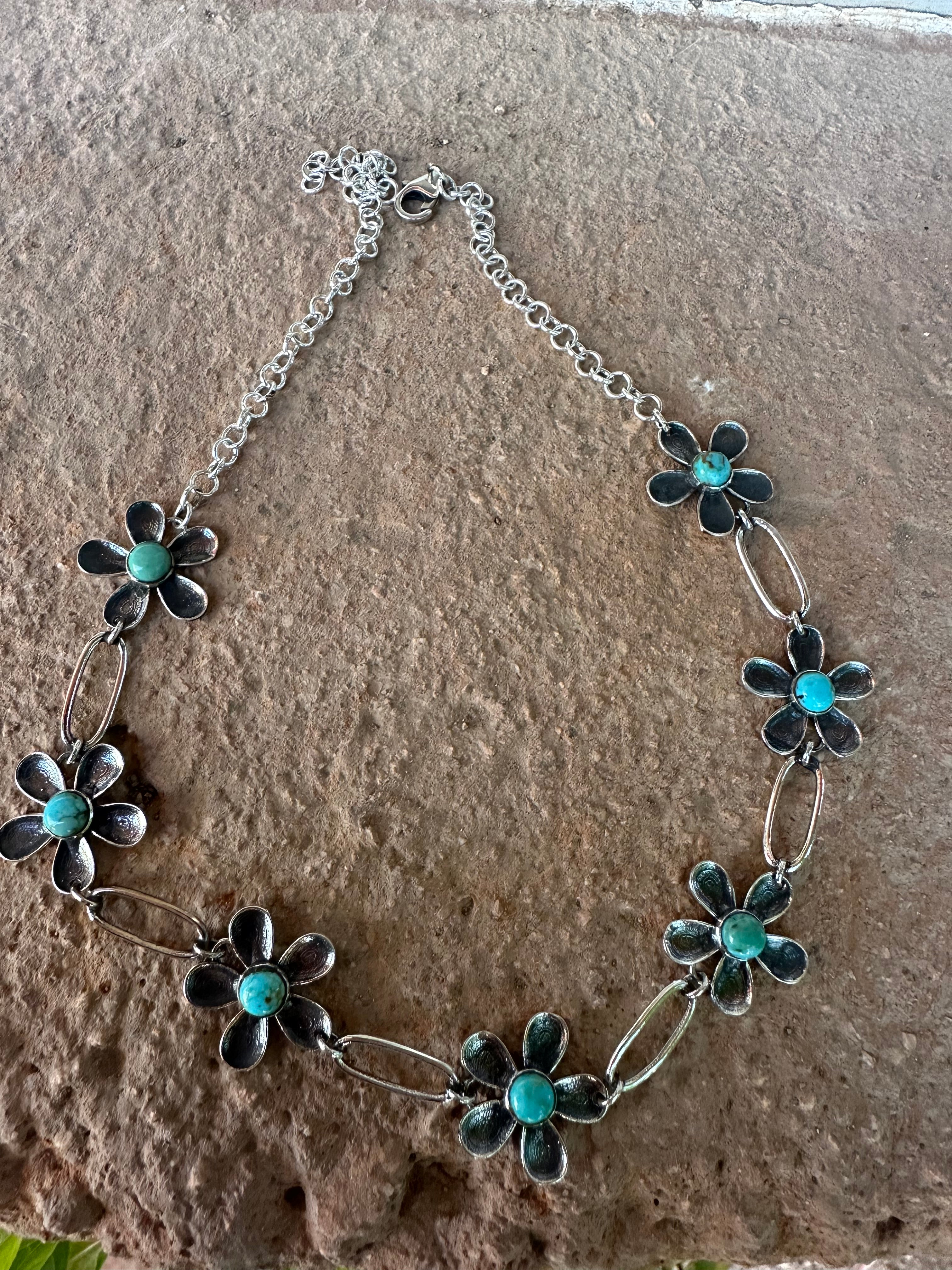 Nizhoni Handmade Sterling Silver & Turquoise Daisy Link Choker 14-16”