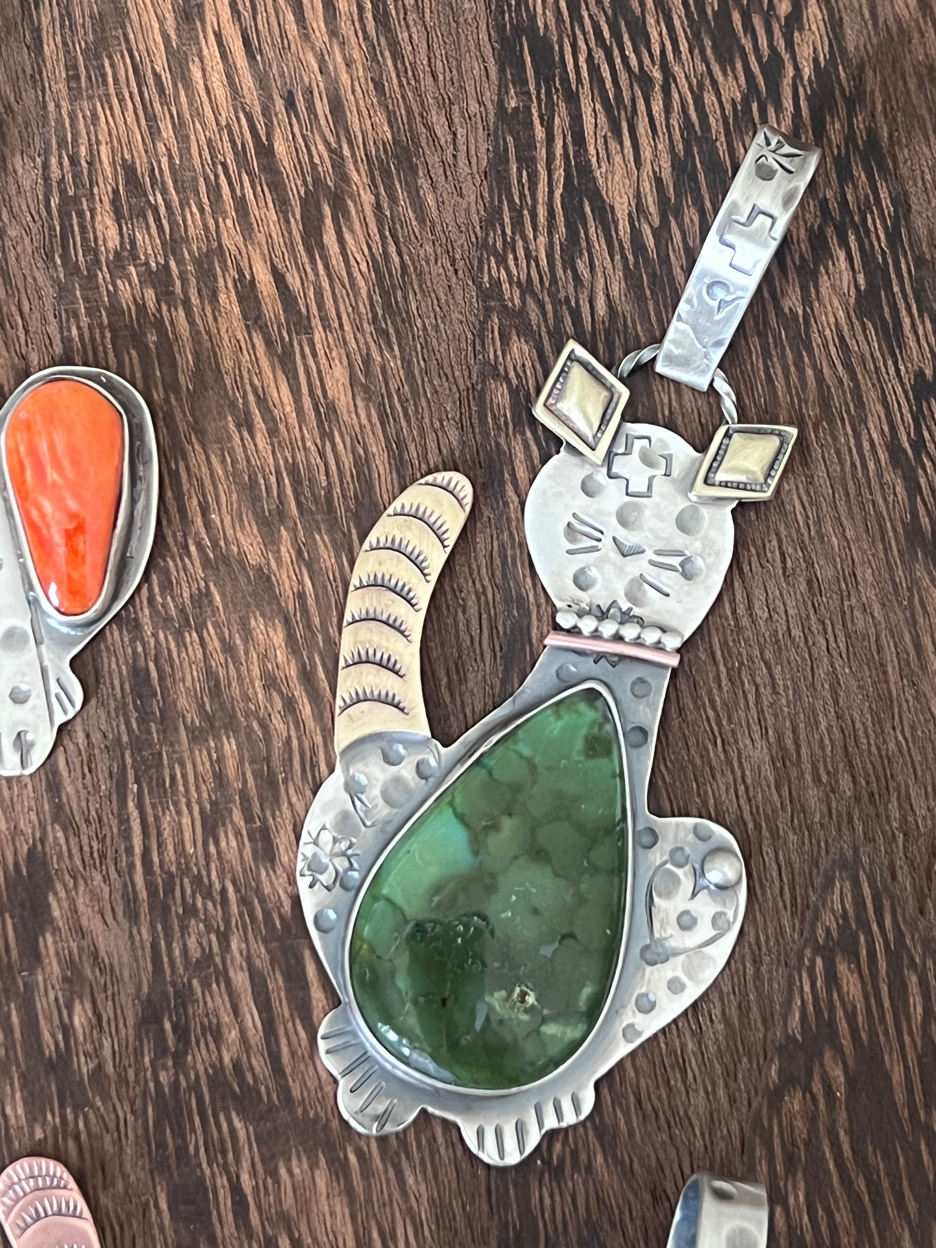 The Kimi-Cats: Hand Stamped and Layered Sterling Silver, Brass, Copper, Turquoise & Spiny Oyster Cat Pendants by Kimari Somers