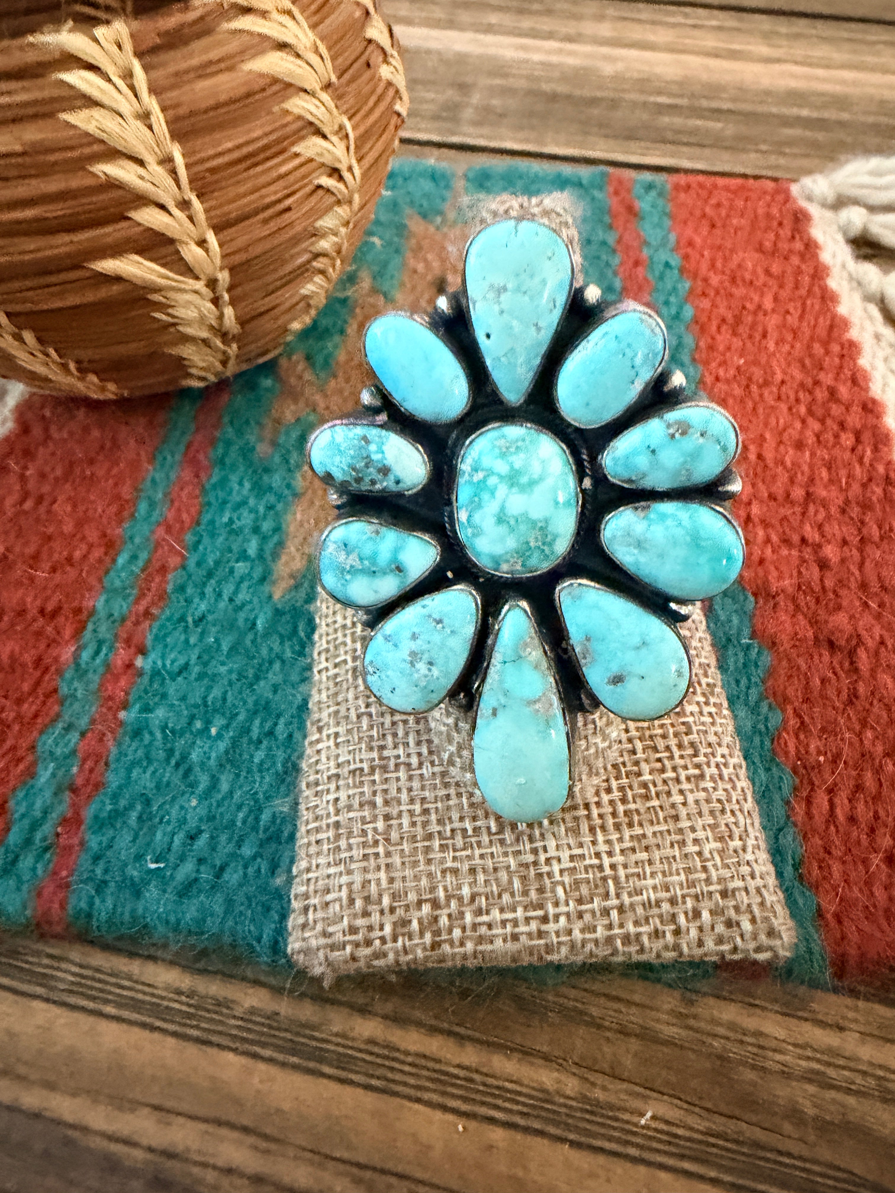 Handcrafted Kingman Turquoise & Sterling Silver Cluster Ring Size 8.5 by Sheila Becenti