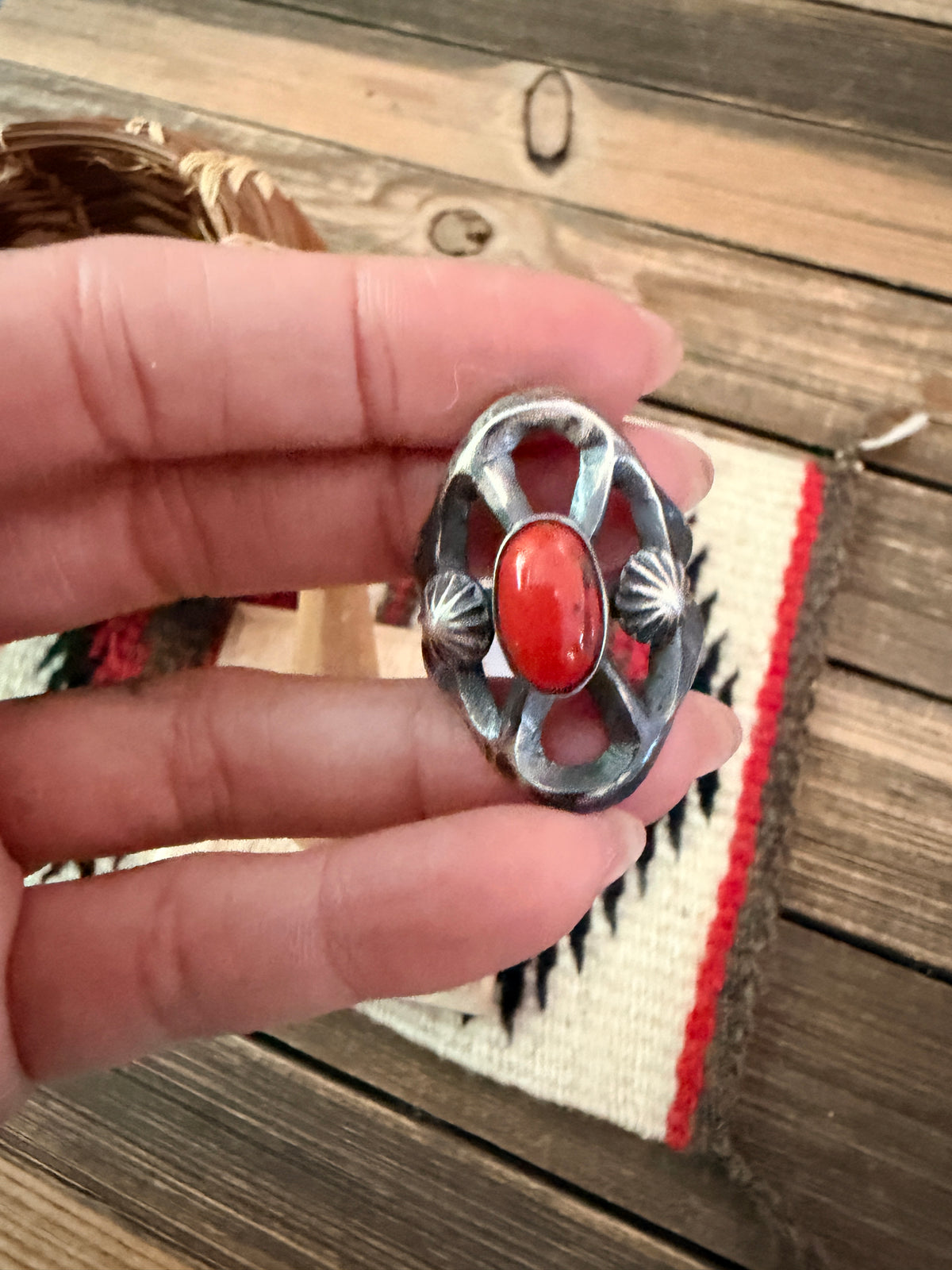Handcrafted Coral and Sterling Silver Ring size 10 by Chimney Butte