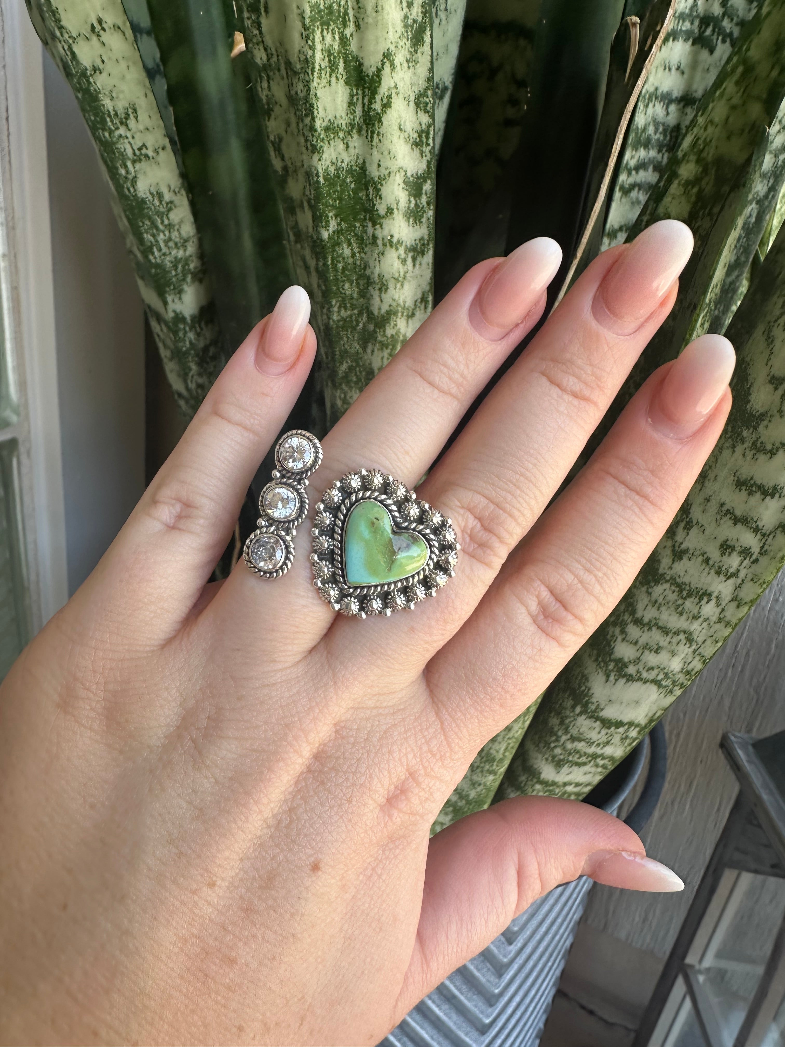 Beautiful Handmade Sonoran Mountain Turquoise, CZ And Sterling Silver Adjustable Heart Ring