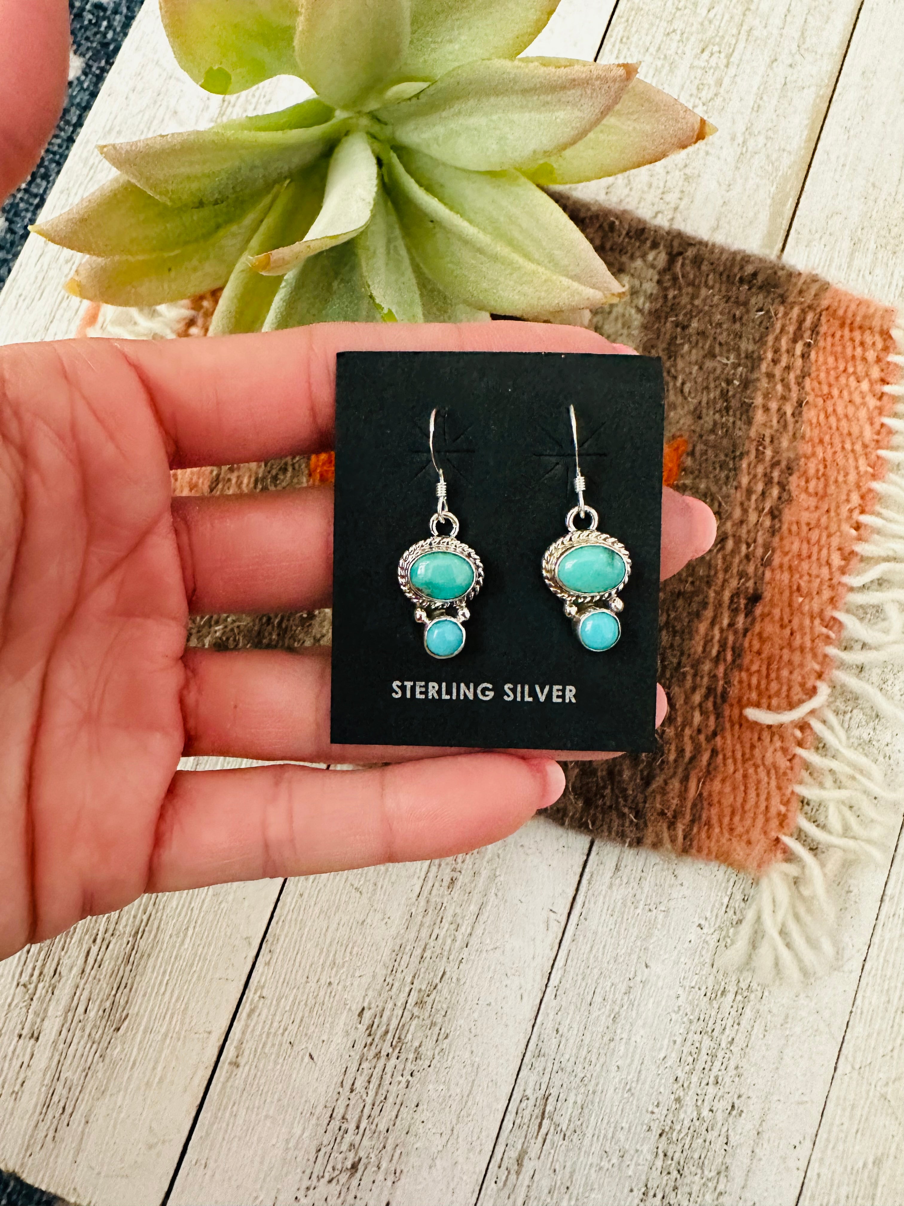 Navajo Turquoise and Sterling Silver Two Stone  Dangle Earrings