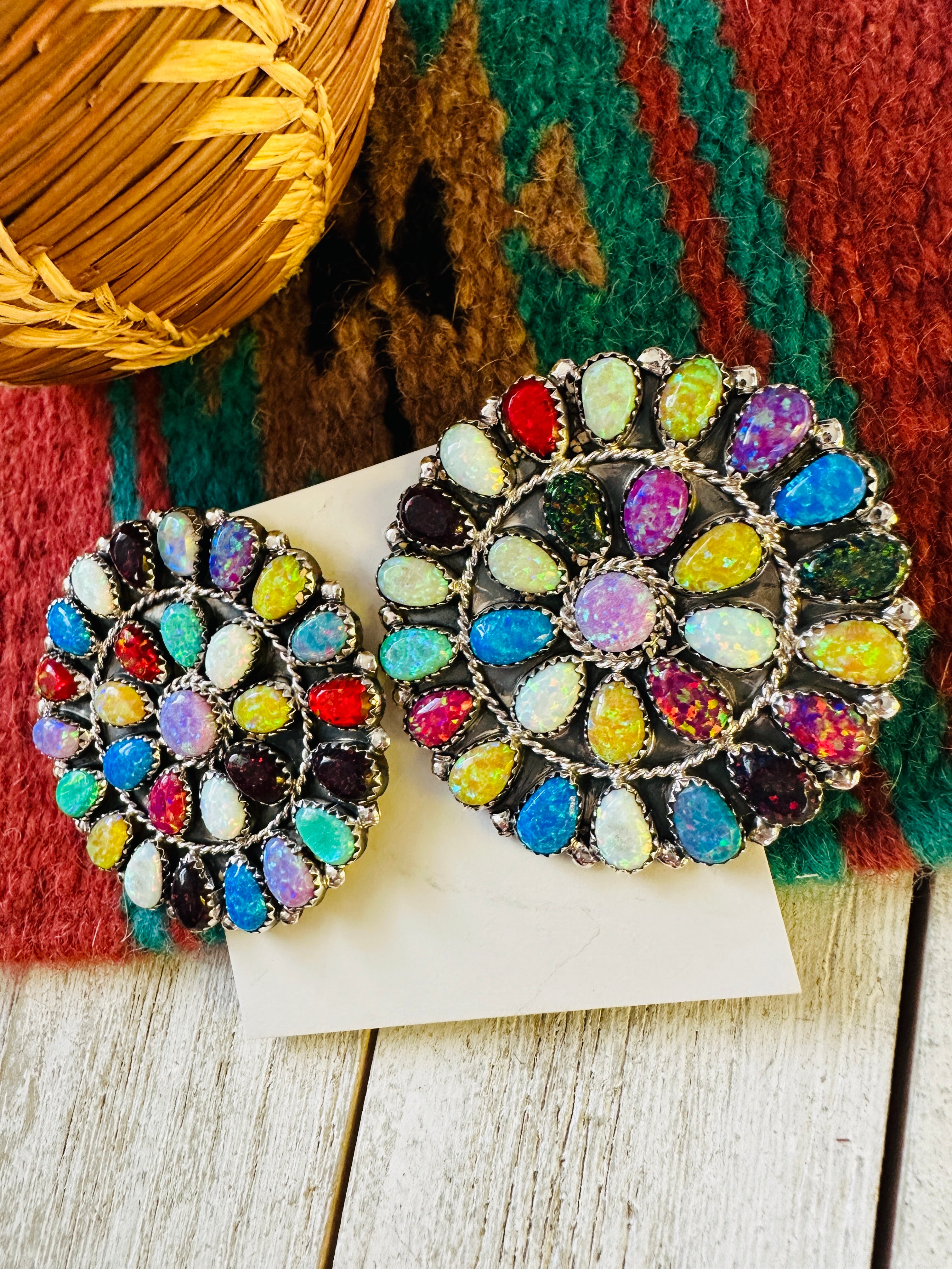 Navajo Multicolor Opal And Sterling Silver Cluster Post Earrings