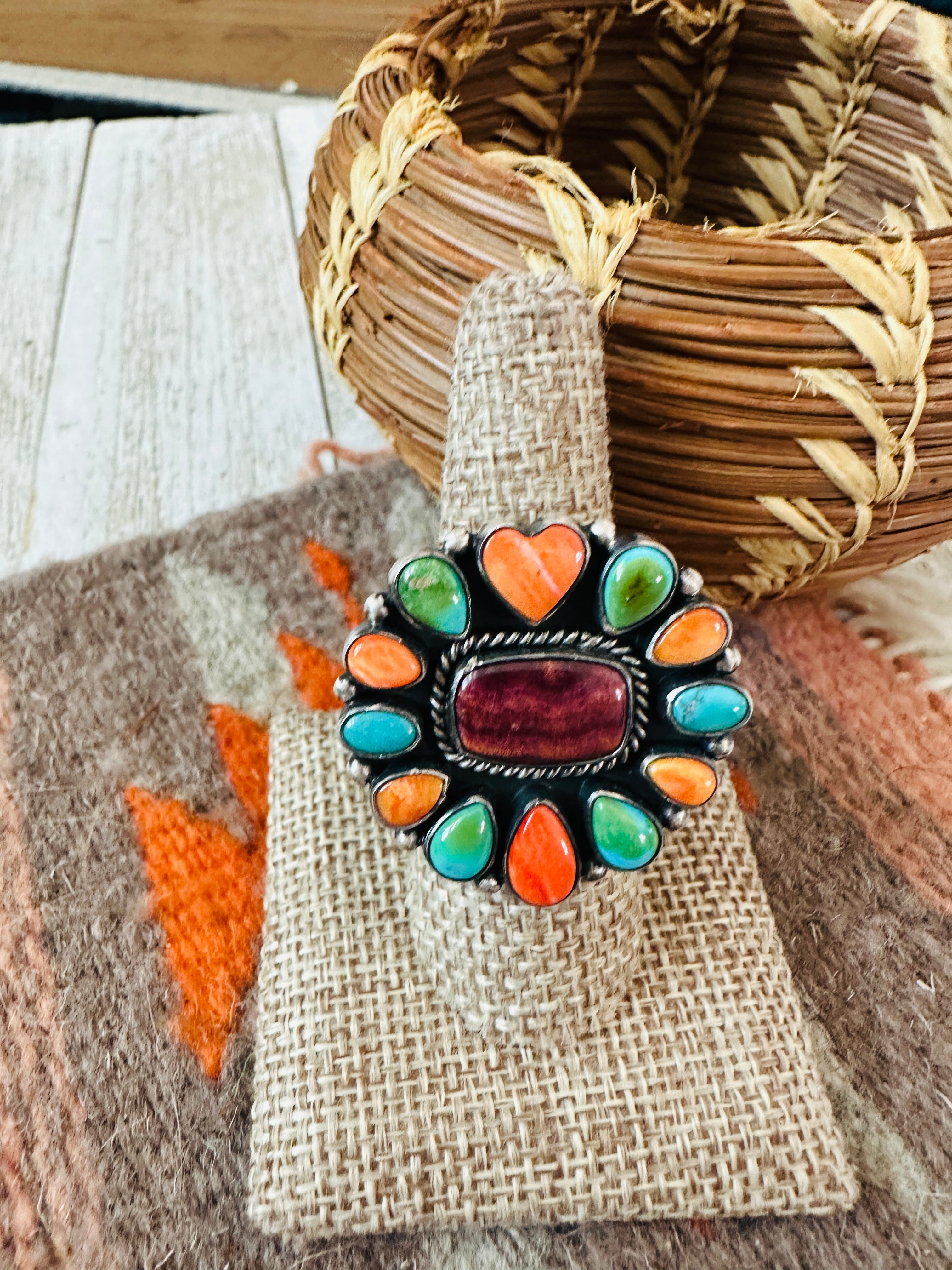 Navajo Electric Rainbow Sterling Silver, Turquoise & Spiny Ring by Bernyse Chavez and Angela Martin, Size 9