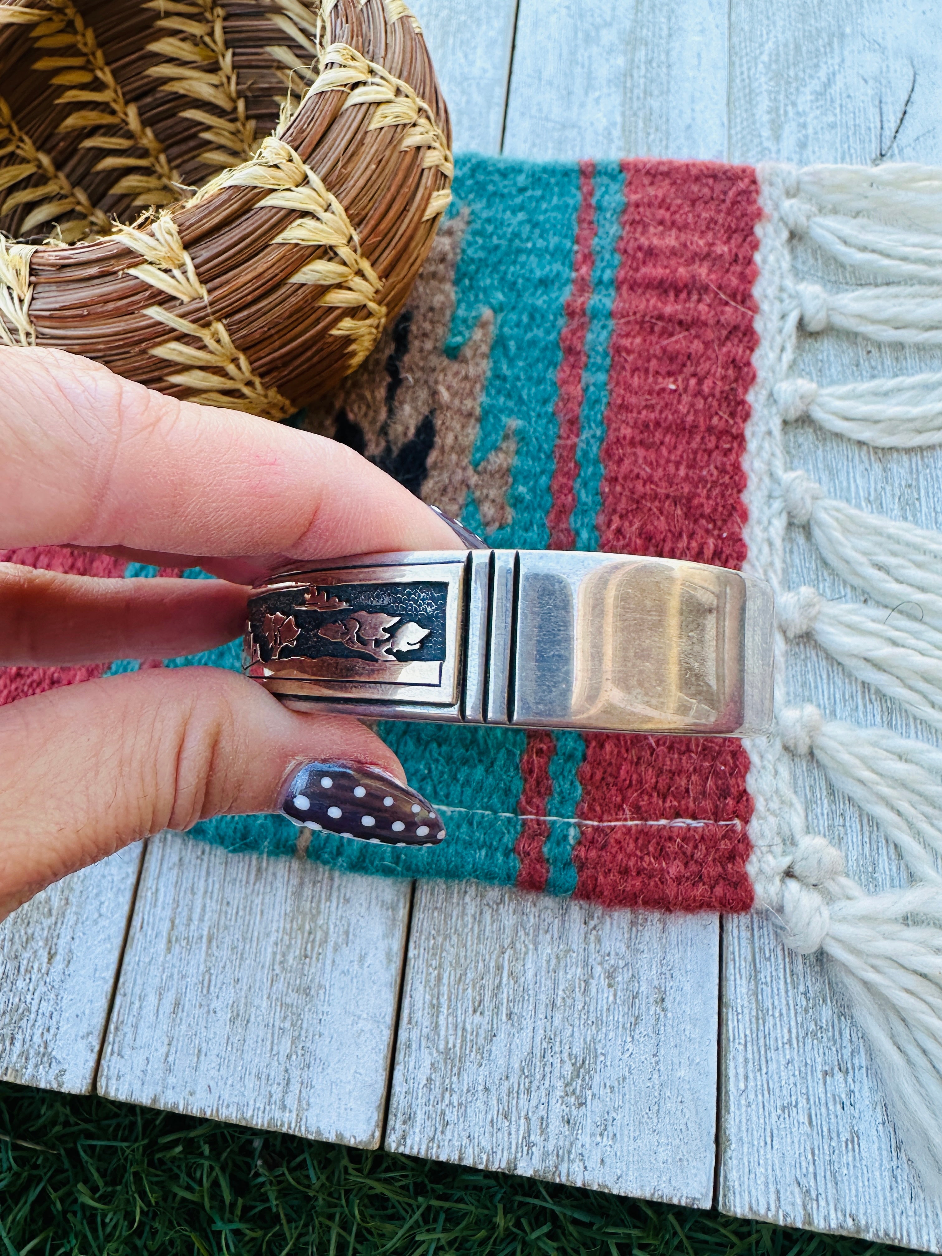 Handcrafted Old Pawn Sterling Silver with 14K Gold Overlay Storyteller Cuff Bracelet