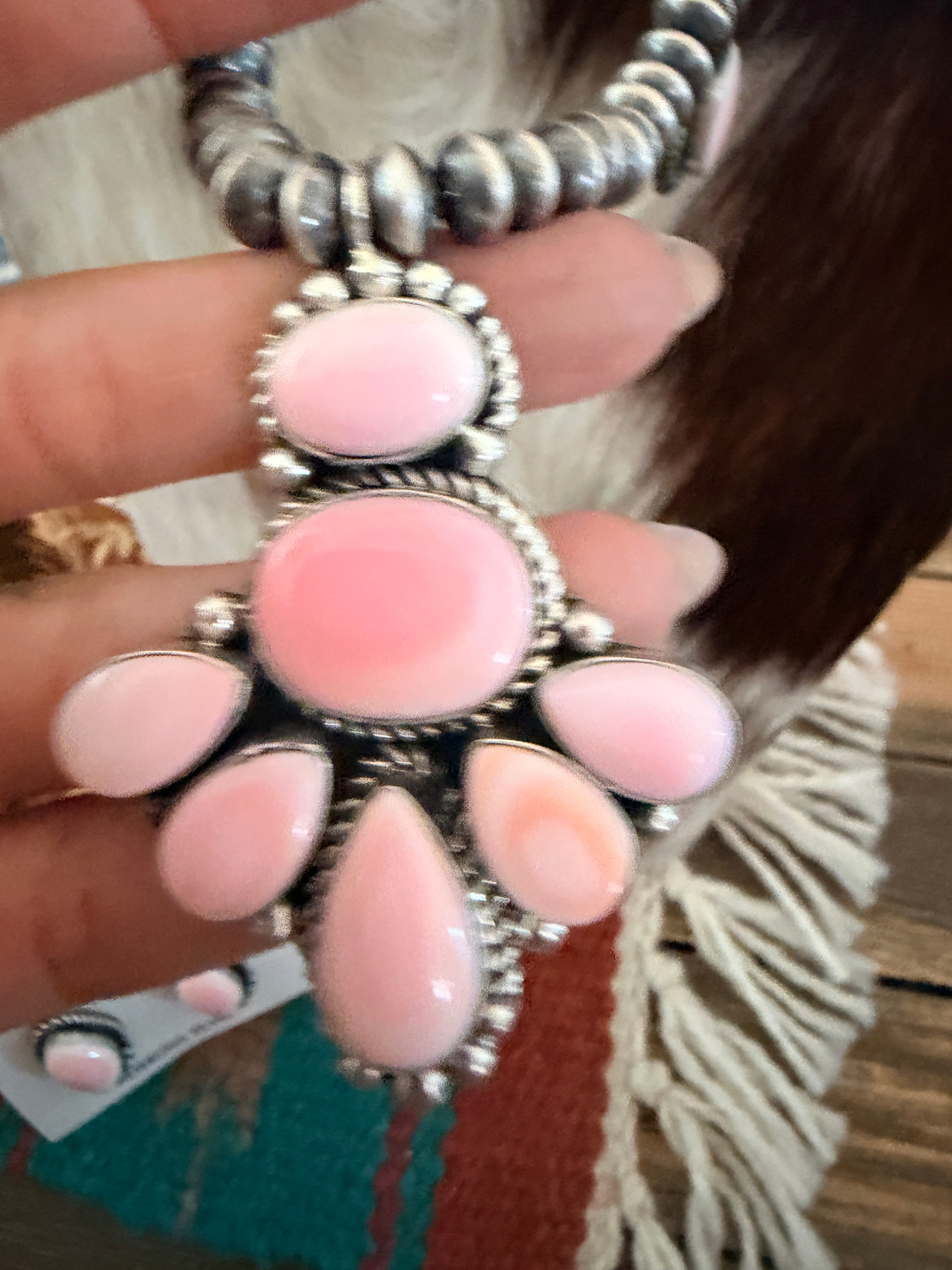 Handcrafted Queen Pink Conch & Sterling Silver Cluster Necklace and Earring Set