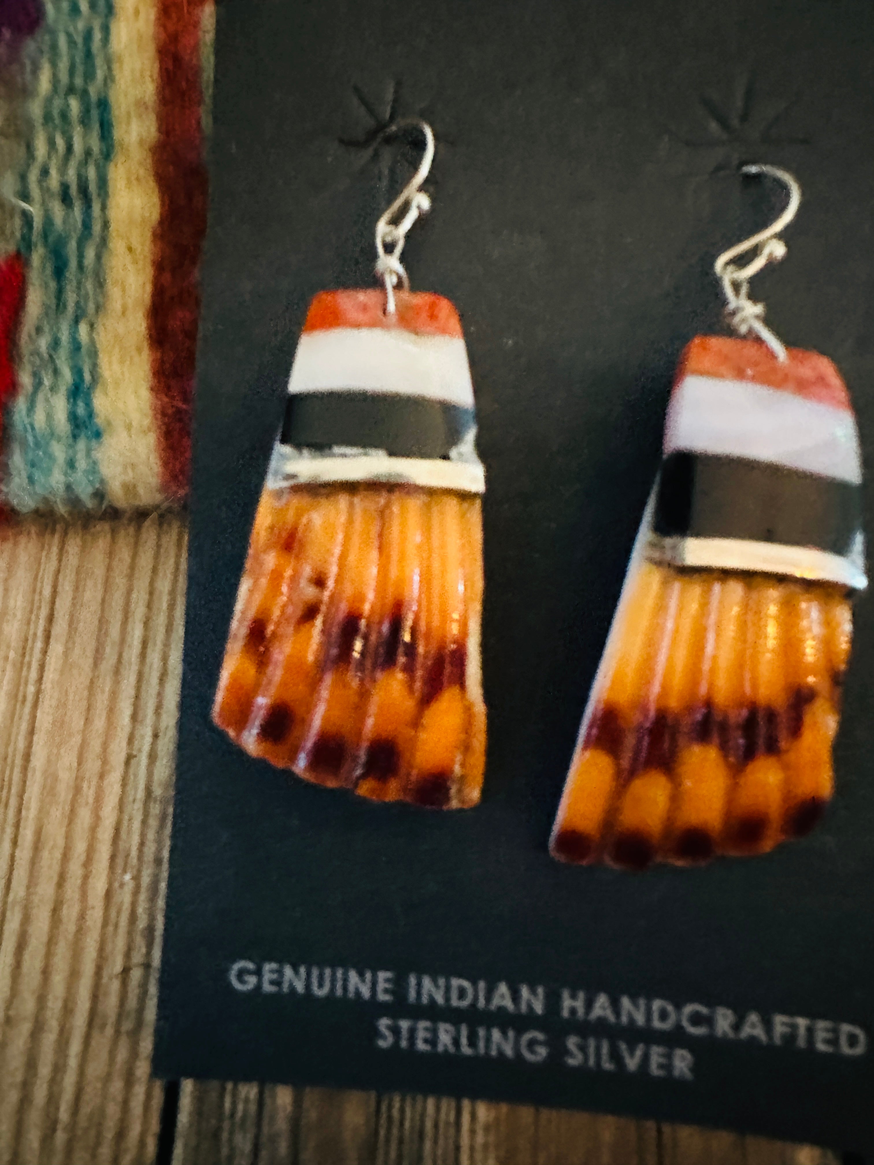 Handcrafted Multi Stone Inlay & Shell Dangle Earrings