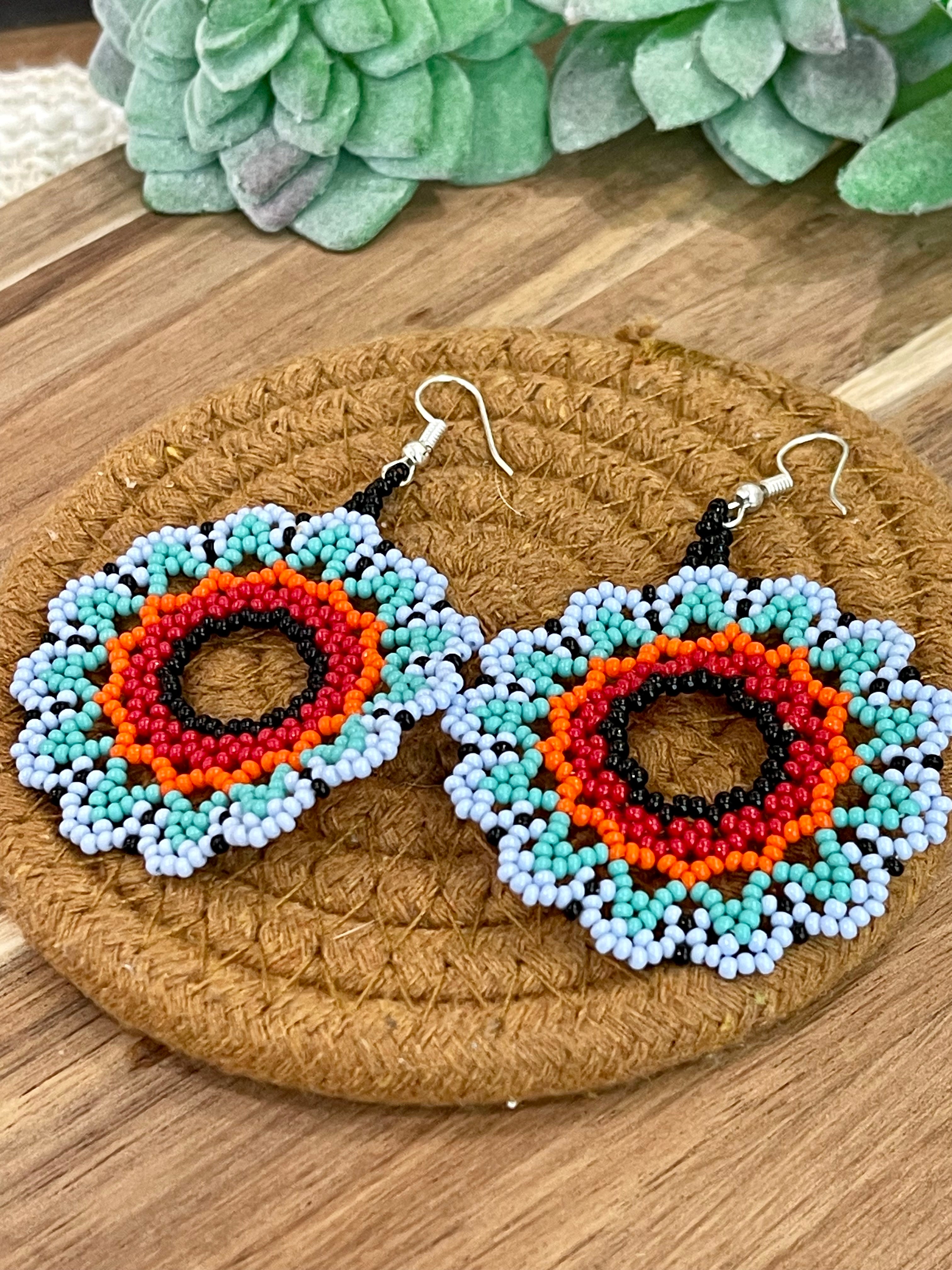 Handmade In Mexico Sterling Silver  , Multi Color Dangle Beaded Earrings