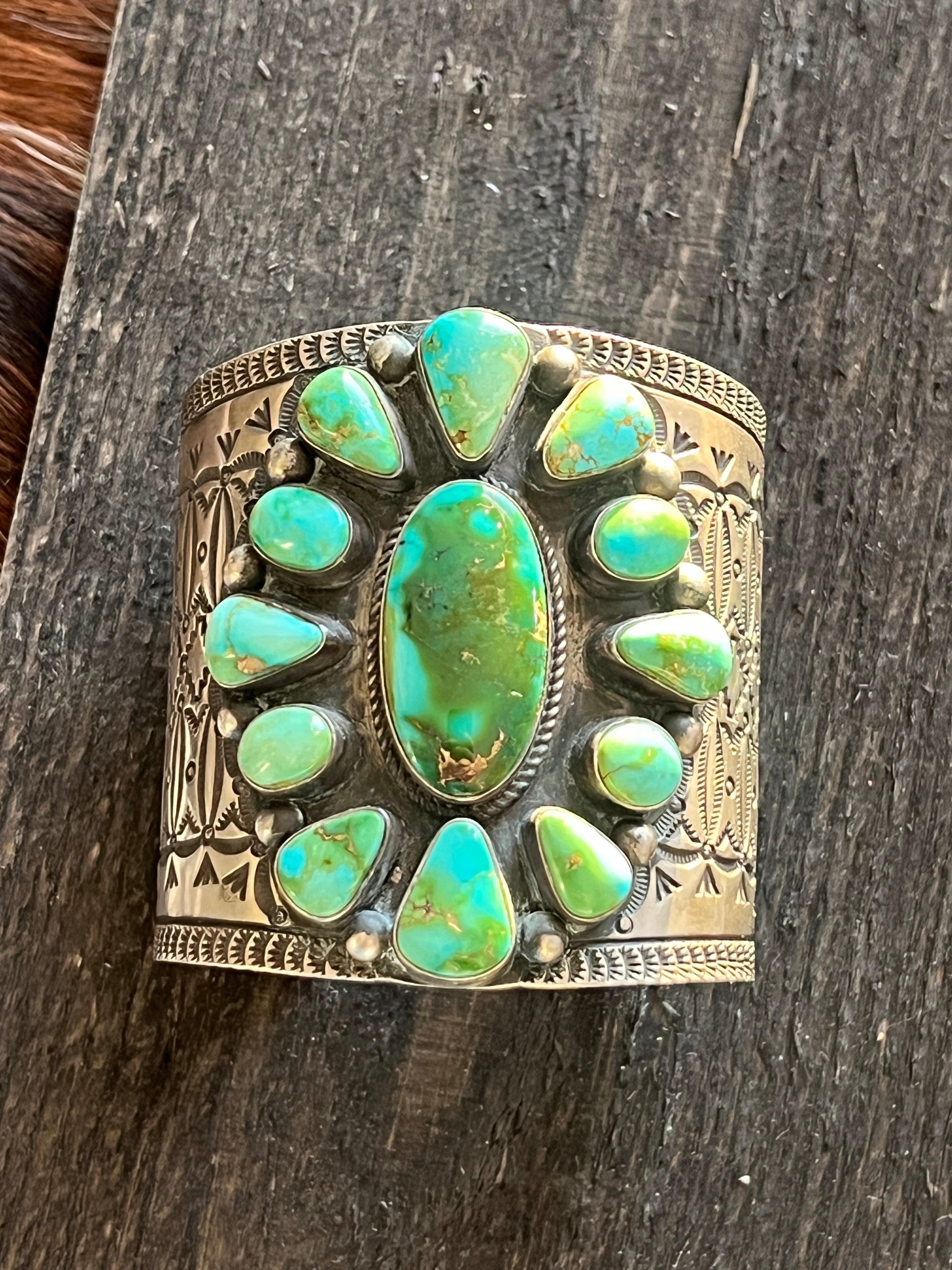 Handcrafted Hefty Sterling Silver and Sonoran Turquoise Cuff Bracelet by Herman Smith /
