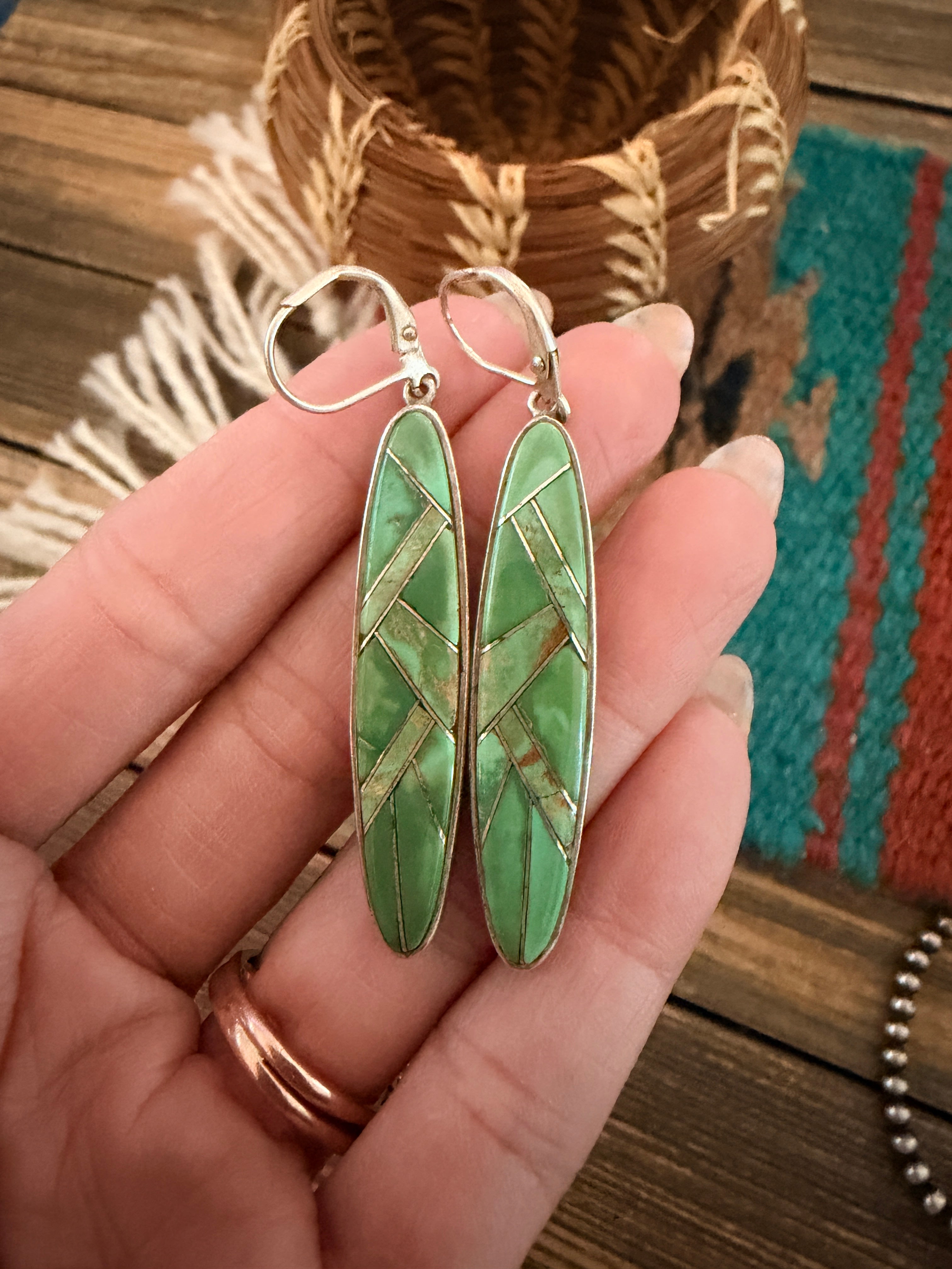 Old Pawn Handcrafted Sterling Silver & Turquoise Inlay Dangle Earrings