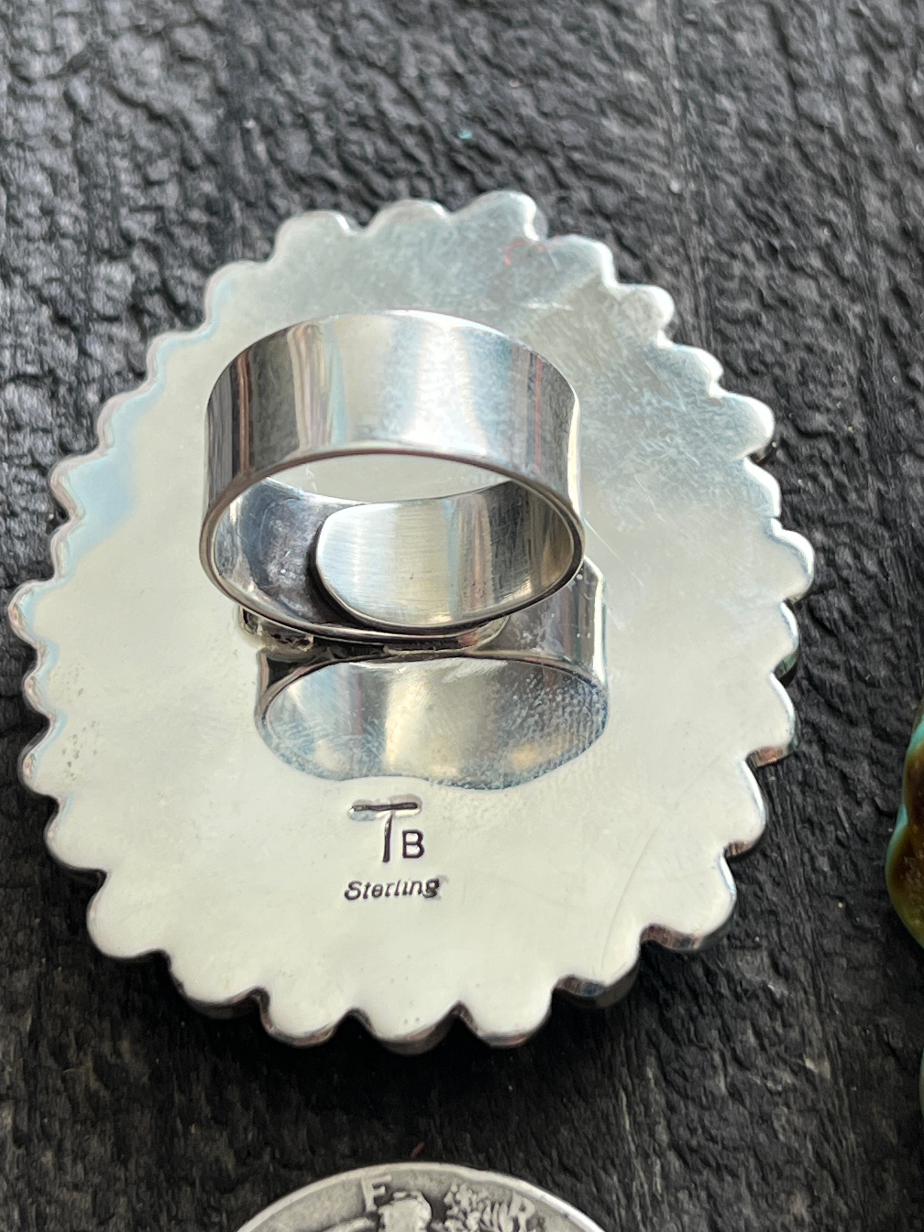 Handcrafted Sterling Silver, Royston Turquoise and Mediterranean Coral Cluster Ring by Tyler Brown, Adjustable