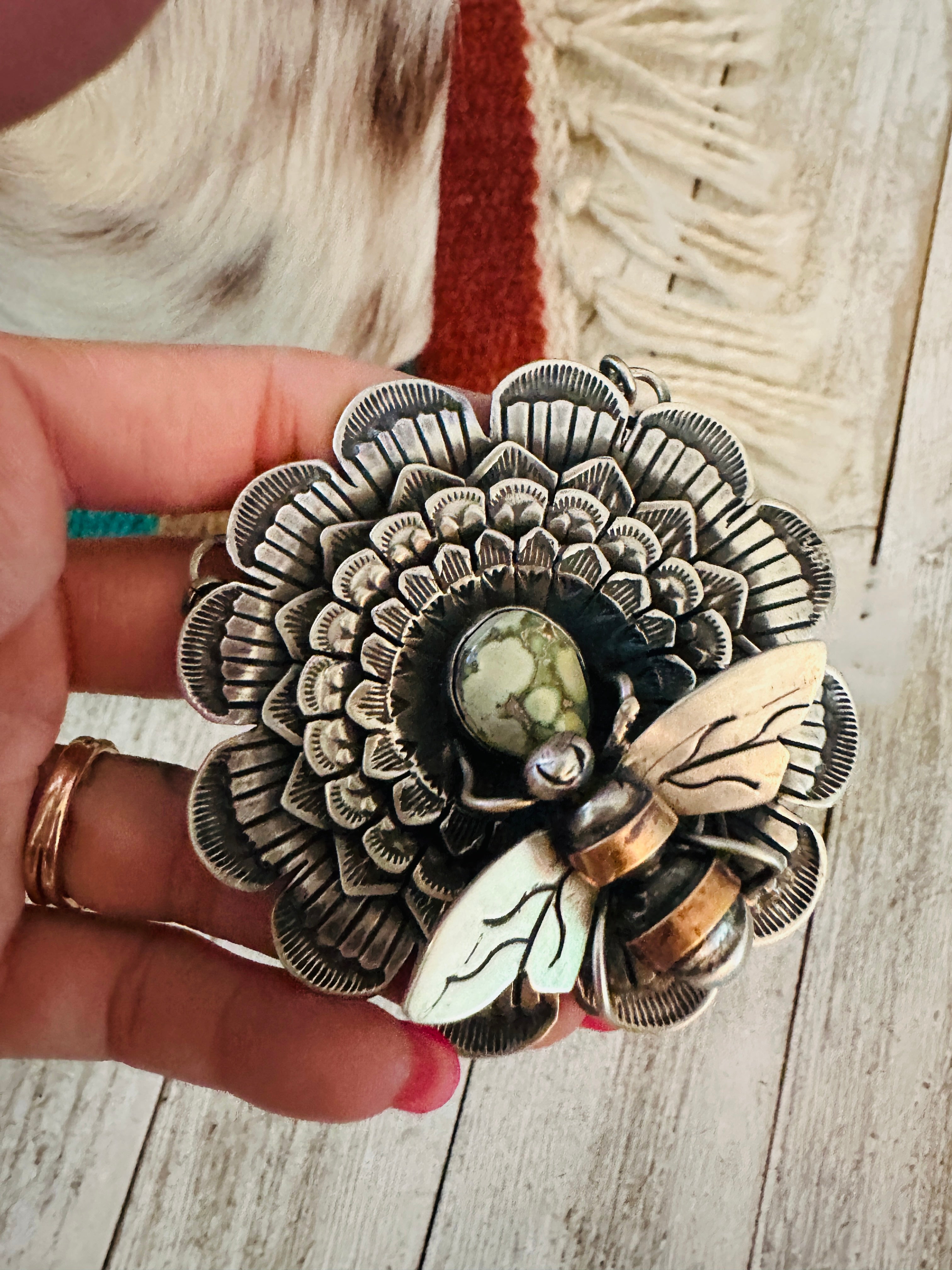 Handcrafted Sterling Silver and Turquoise Sunflower Necklace with Bee by Russell Sam