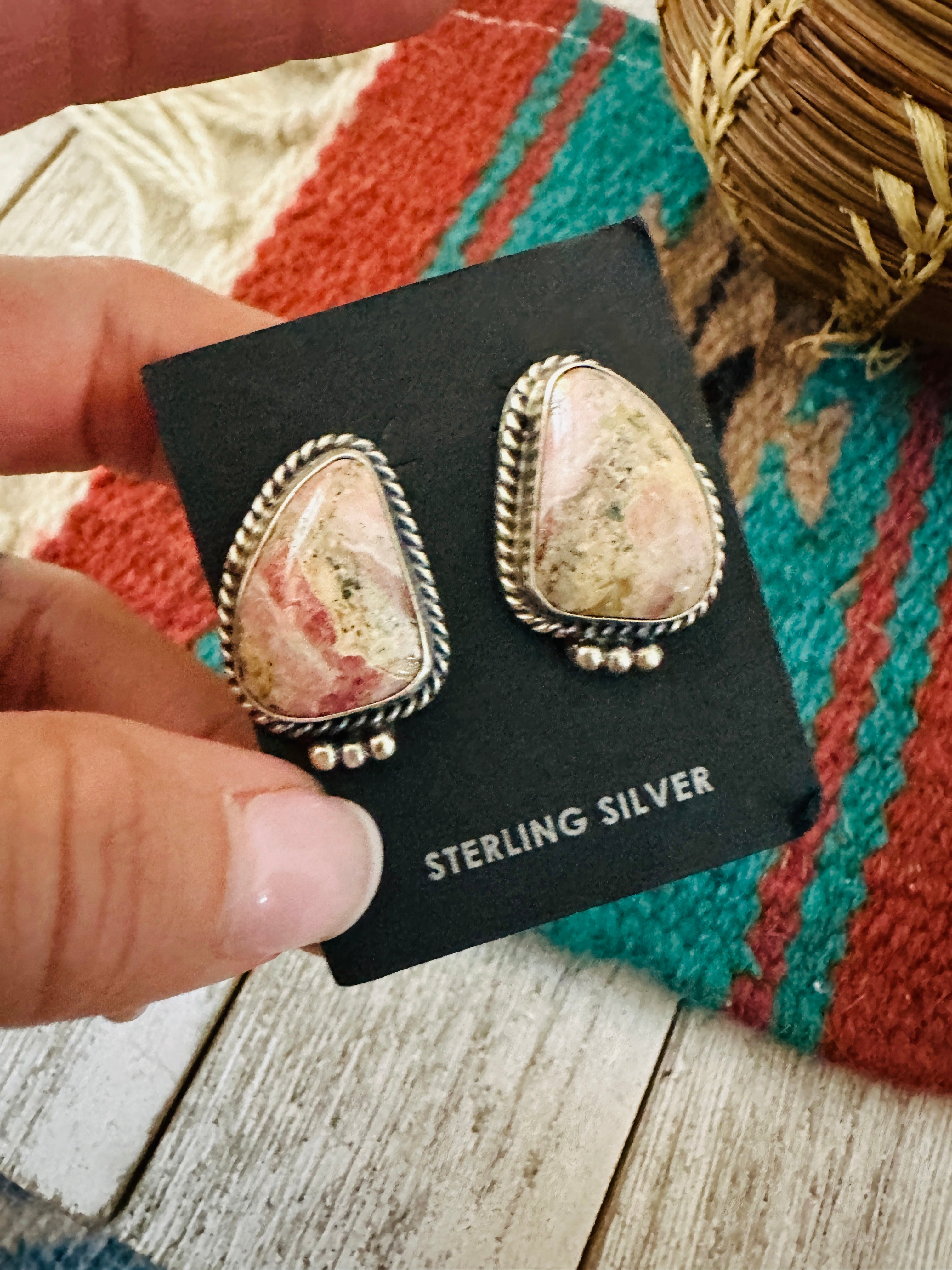 Navajo Rhodochrosite & Sterling Silver Post Earrings