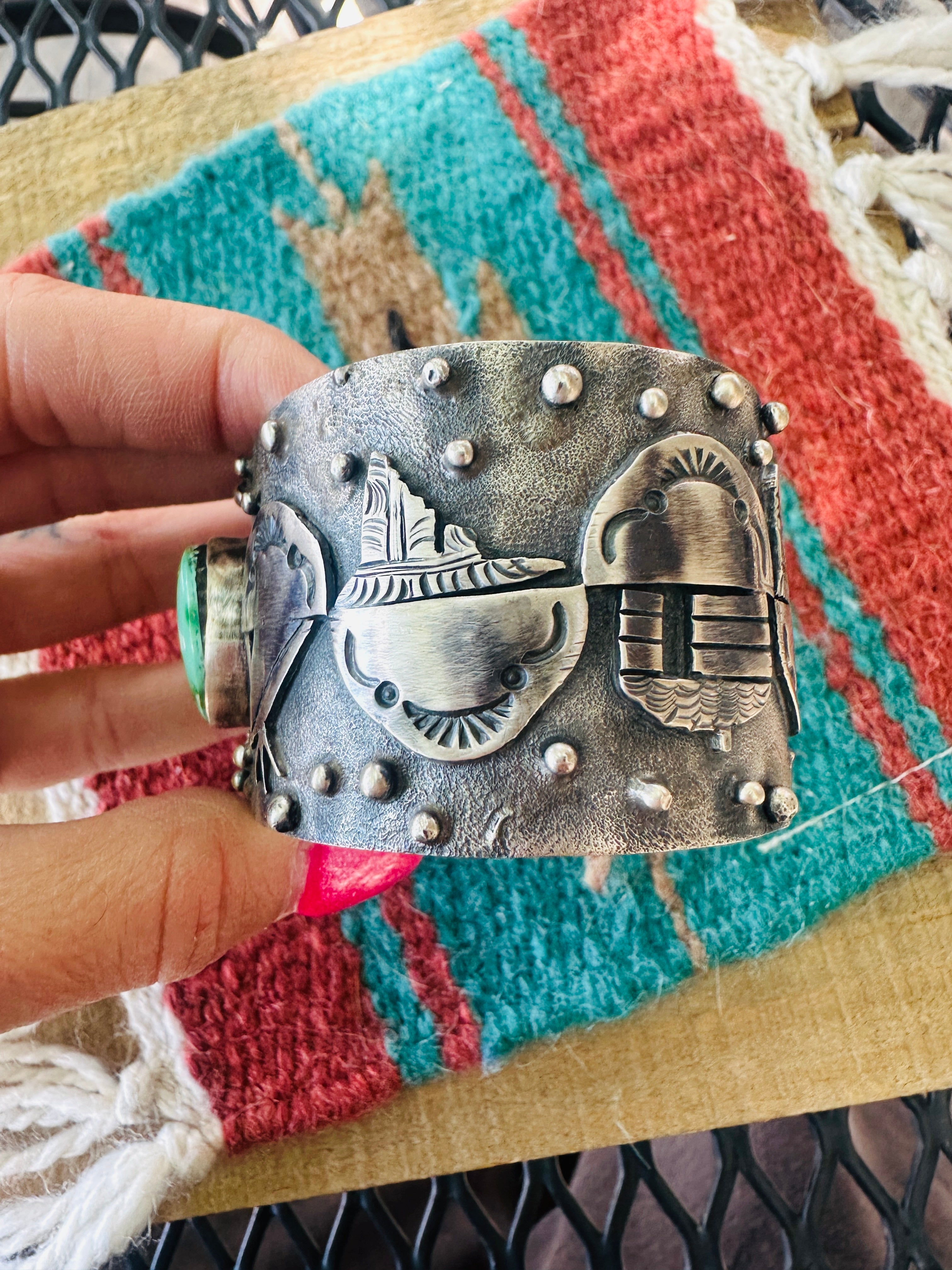 Handcrafted Sonoran Mountain Turquoise and Sterling Silver Story Teller Cuff Bracelet by Randy Billy