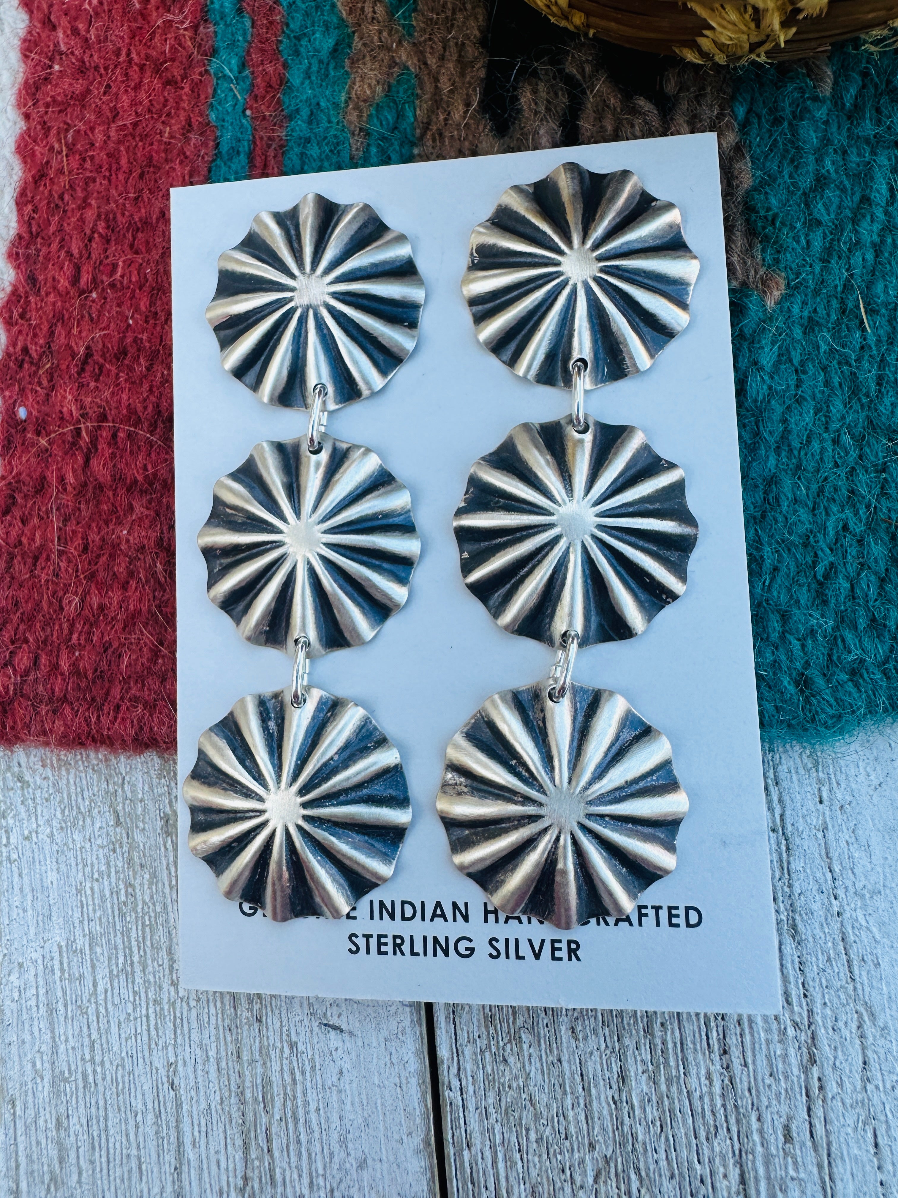 Handcrafted Hand Stamped Sterling Silver Concho Dangle Earrings