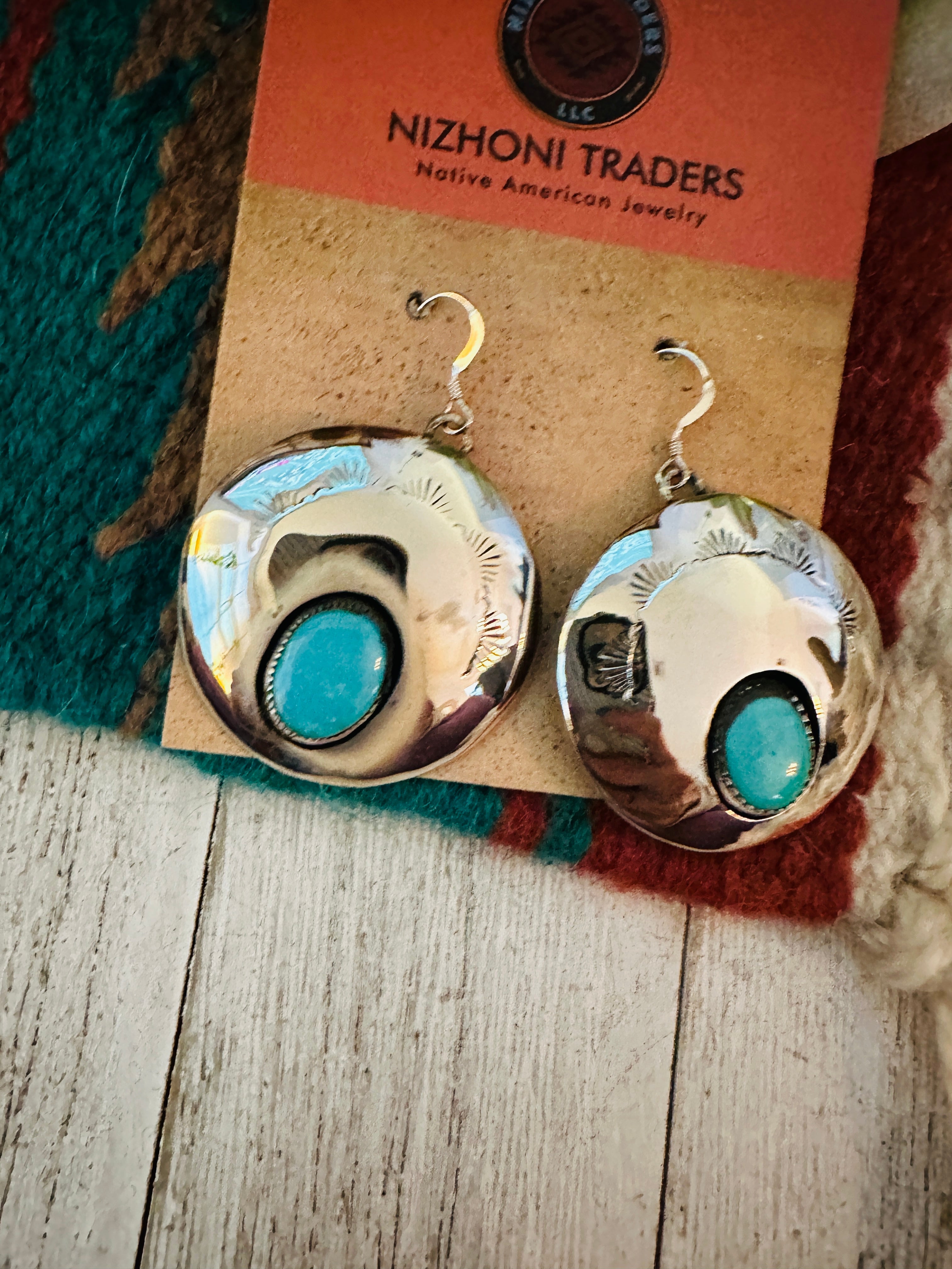 Navajo Hand Stamped Sterling Silver & Turquoise Dangle Earrings