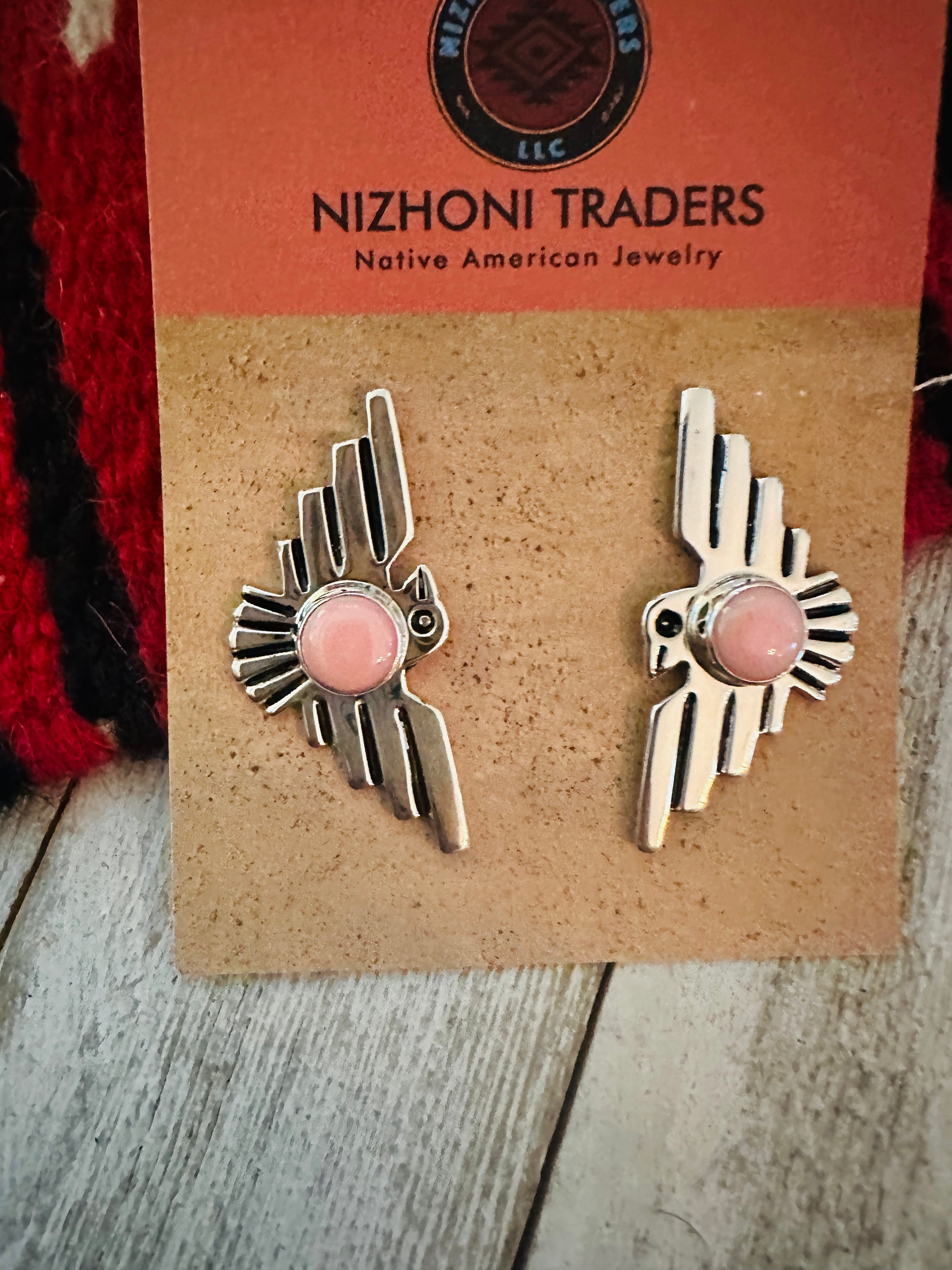 Navajo Sterling Silver & Queen Pink Conch Thunderbird Post Earrings