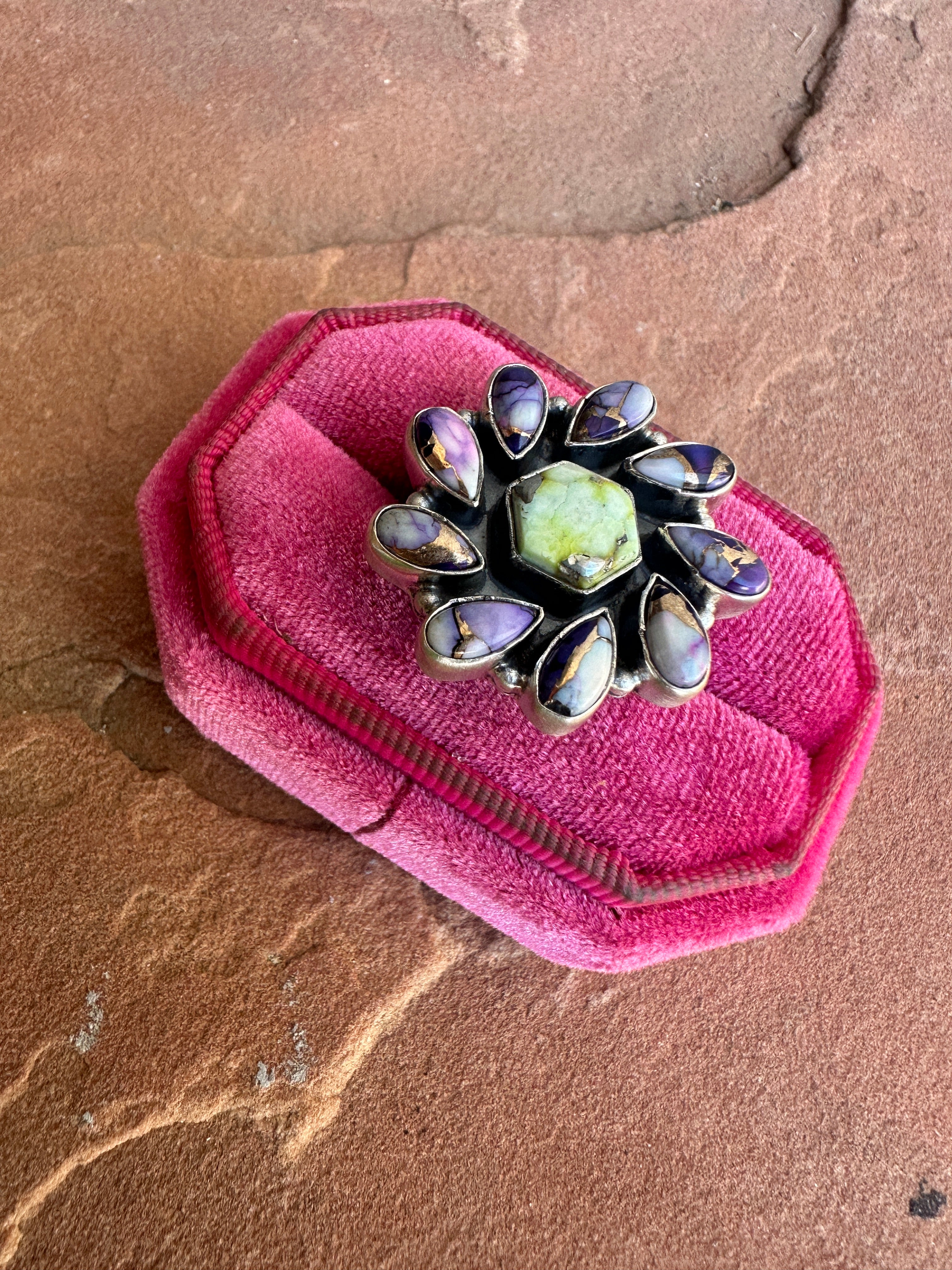 Beautiful Handmade Violet Frost, Palomino Turquoise And Sterling Silver Adjustable Ring