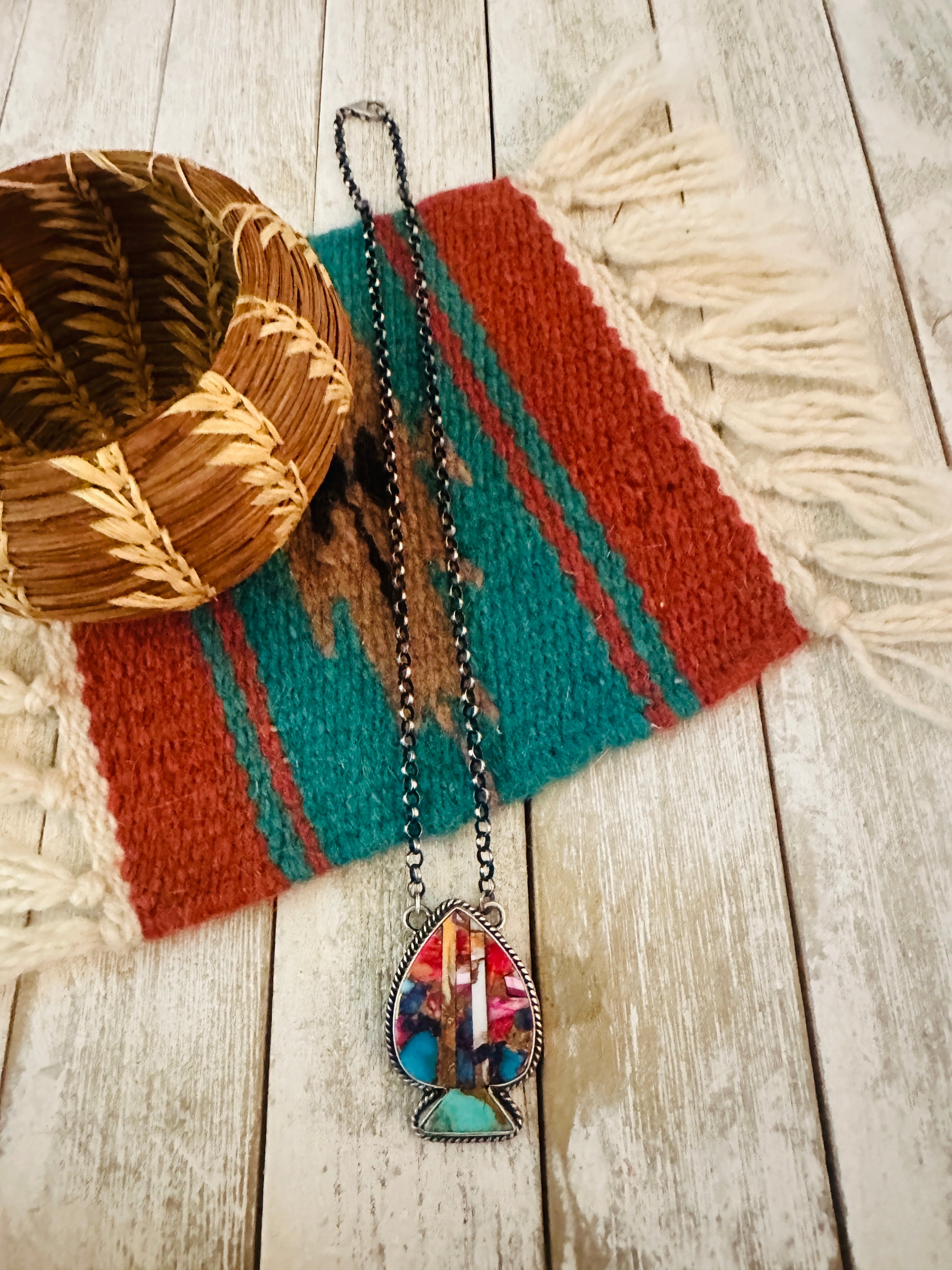 Navajo Sterling Silver & Multi Stone Inlay Spade Necklace