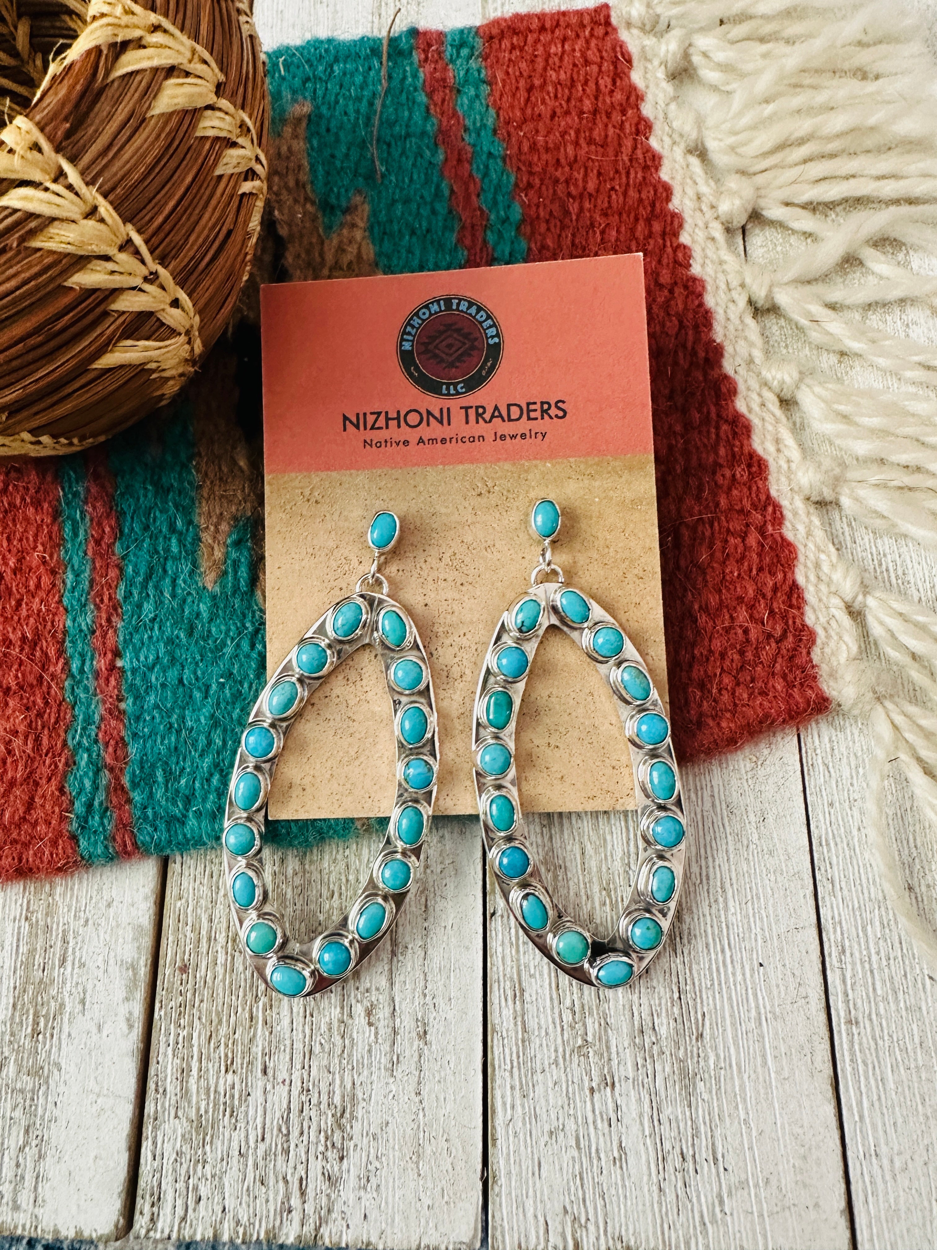 Navajo Sterling Silver & Turquoise Cluster Dangle Earrings