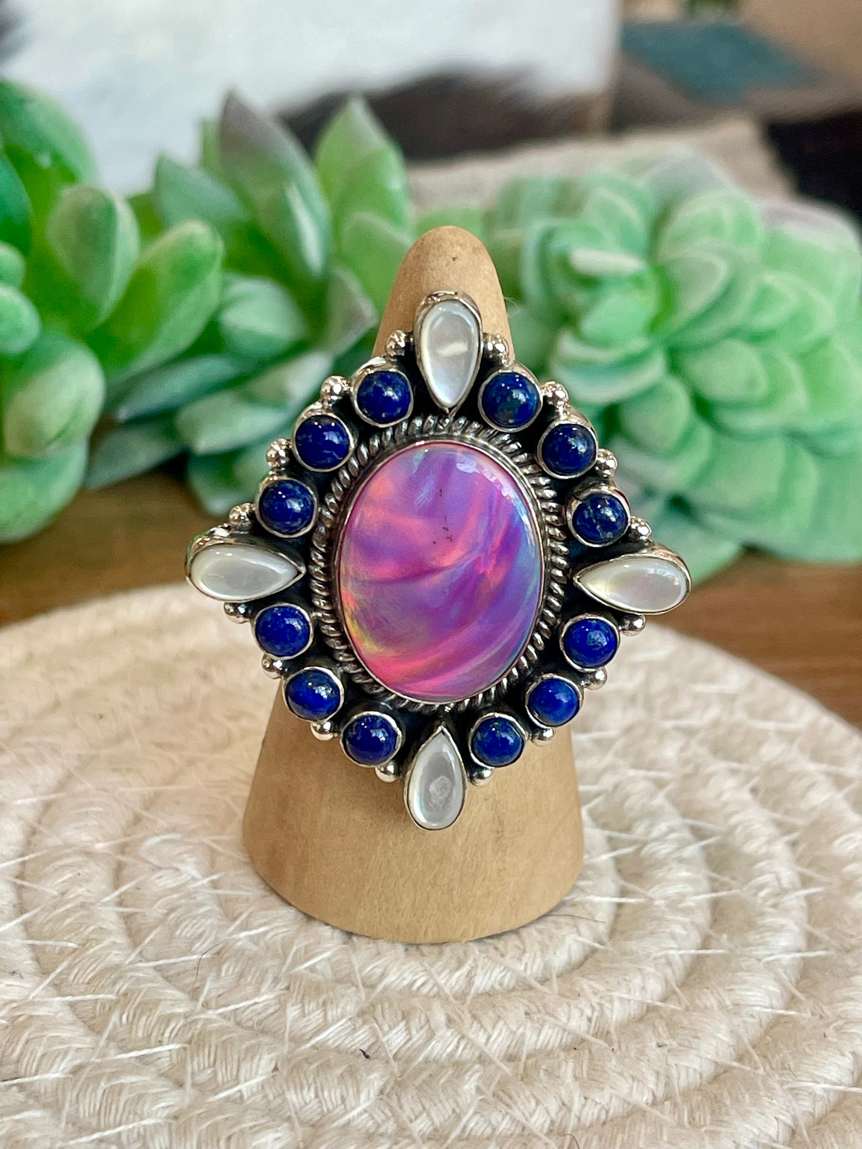 Handmade Pink Opal, Mother Of Pearl, Lapis And Sterling Silver Adjustable Ring Signed Nizhoni