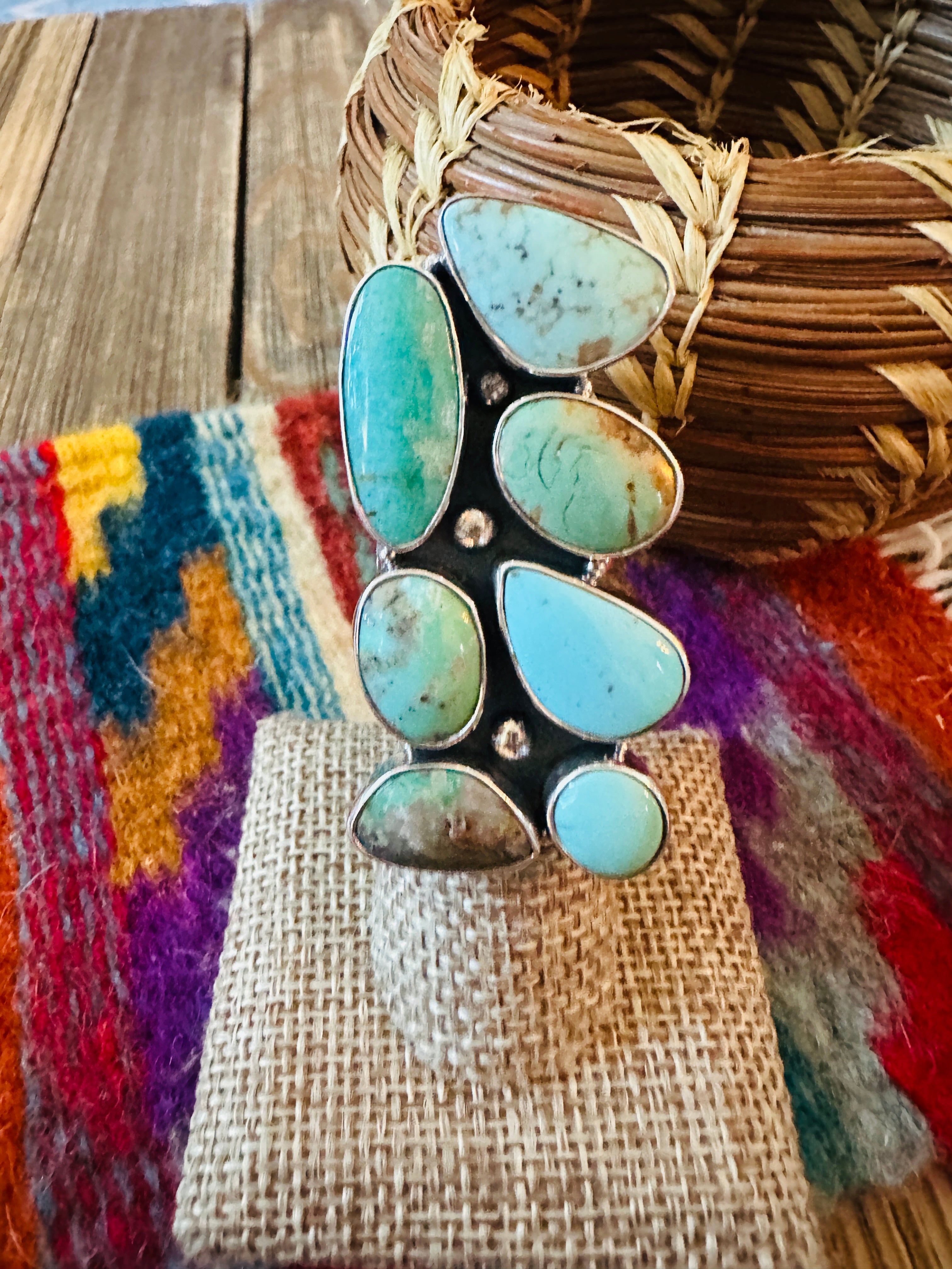 Handcrafted Turquoise & Sterling Silver Cluster Adjustable Ring