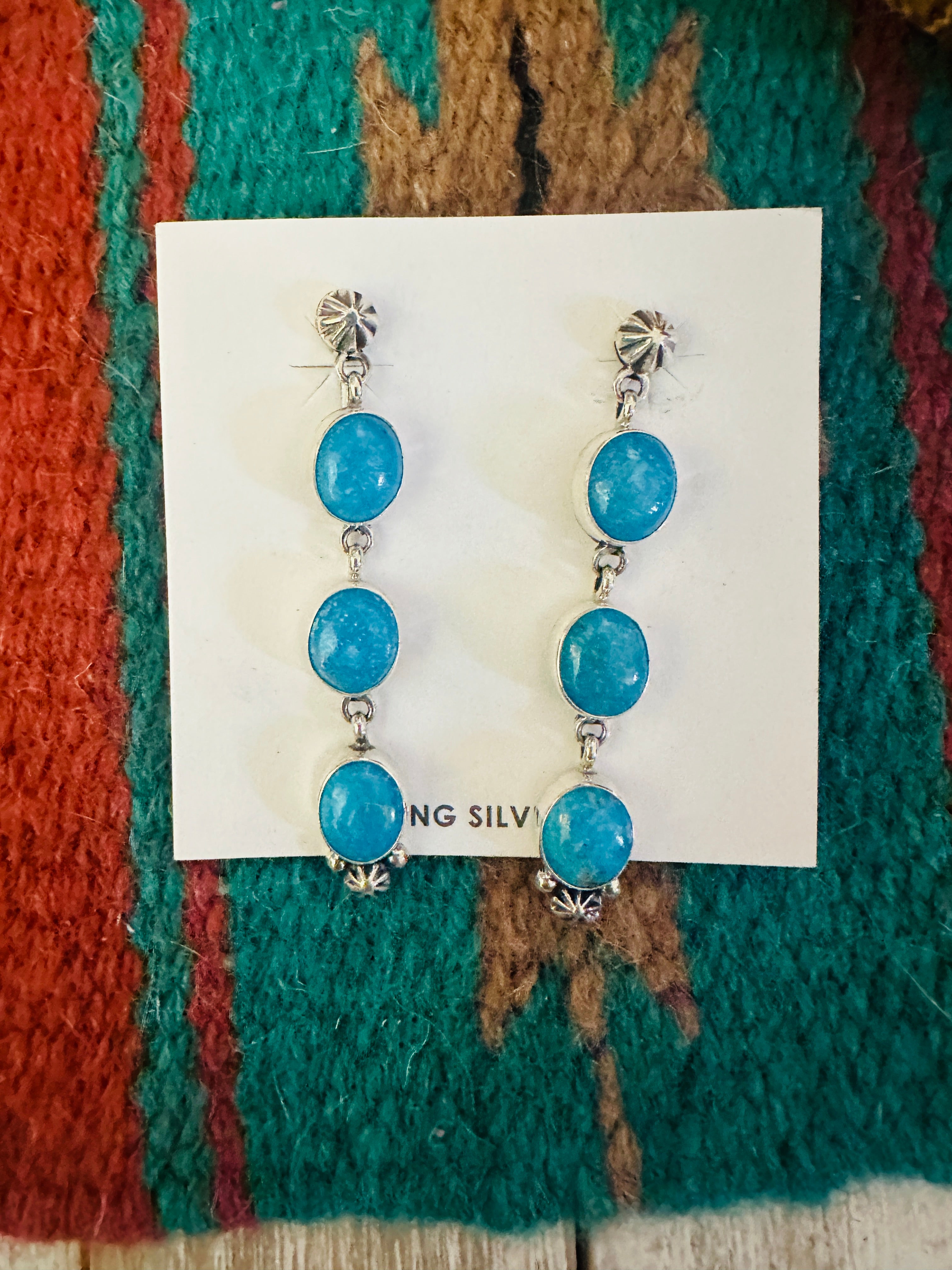 Navajo Kingman Turquoise And Sterling Silver Dangle Earrings