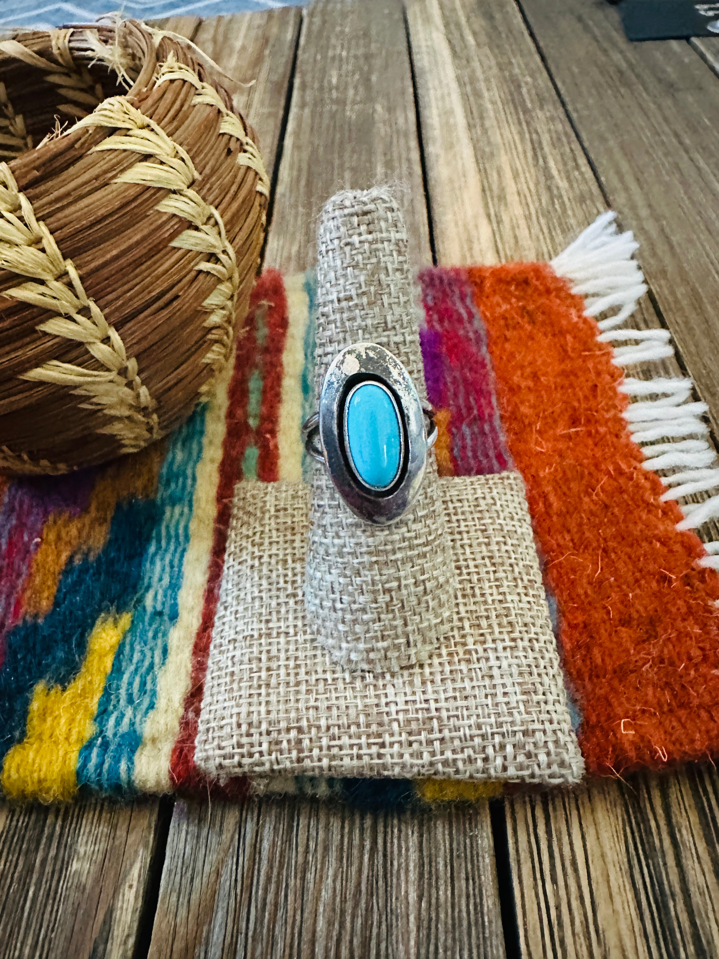 Old Pawn Handcrafted Turquoise & Sterling Silver Ring Size 8